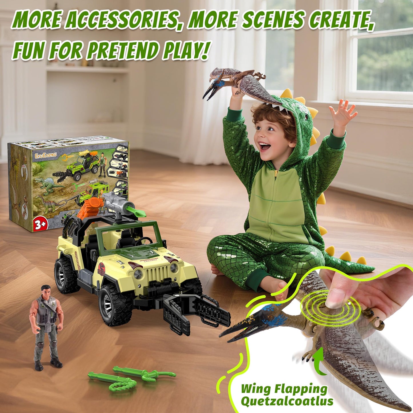 EKU Dinosaur Toys Truck with Human, 10 Realistic Sounds, 15ft Launch, Capture Net, Clamp, Wing Flapping Quetzalcoatlus Dino for Jurassic World Role Play Adventure Rescue Set Birthday Gift for Kids 3+