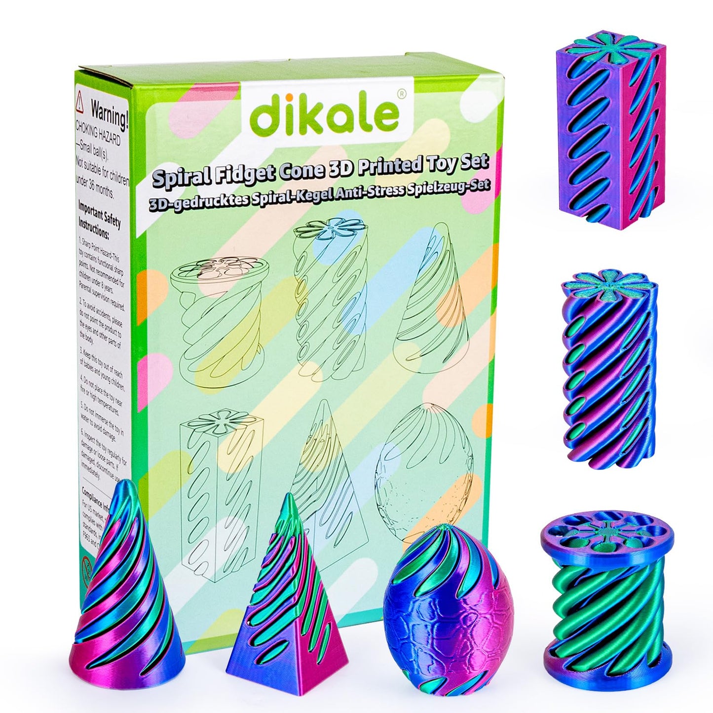 dikale 6 Packs Spiral Cone 3D Printed Fidget Toy Set, Flexible Impossible Cone Pyramid Passthrough Toys for Stress Relief, Fun Desk Deco Relaxing Gift for Kids Adults, Rose Red+Blue+Green