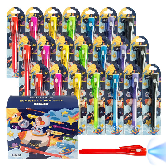 EODVICS 28 Pack Upgraded Invisible Ink Spy Pen with UV Light, Individually Wrapped Bulk Magic Marker for Secret Messages, Birthday Party Favors Classroom Prizes Toys Gifts for Kids Ages 3+