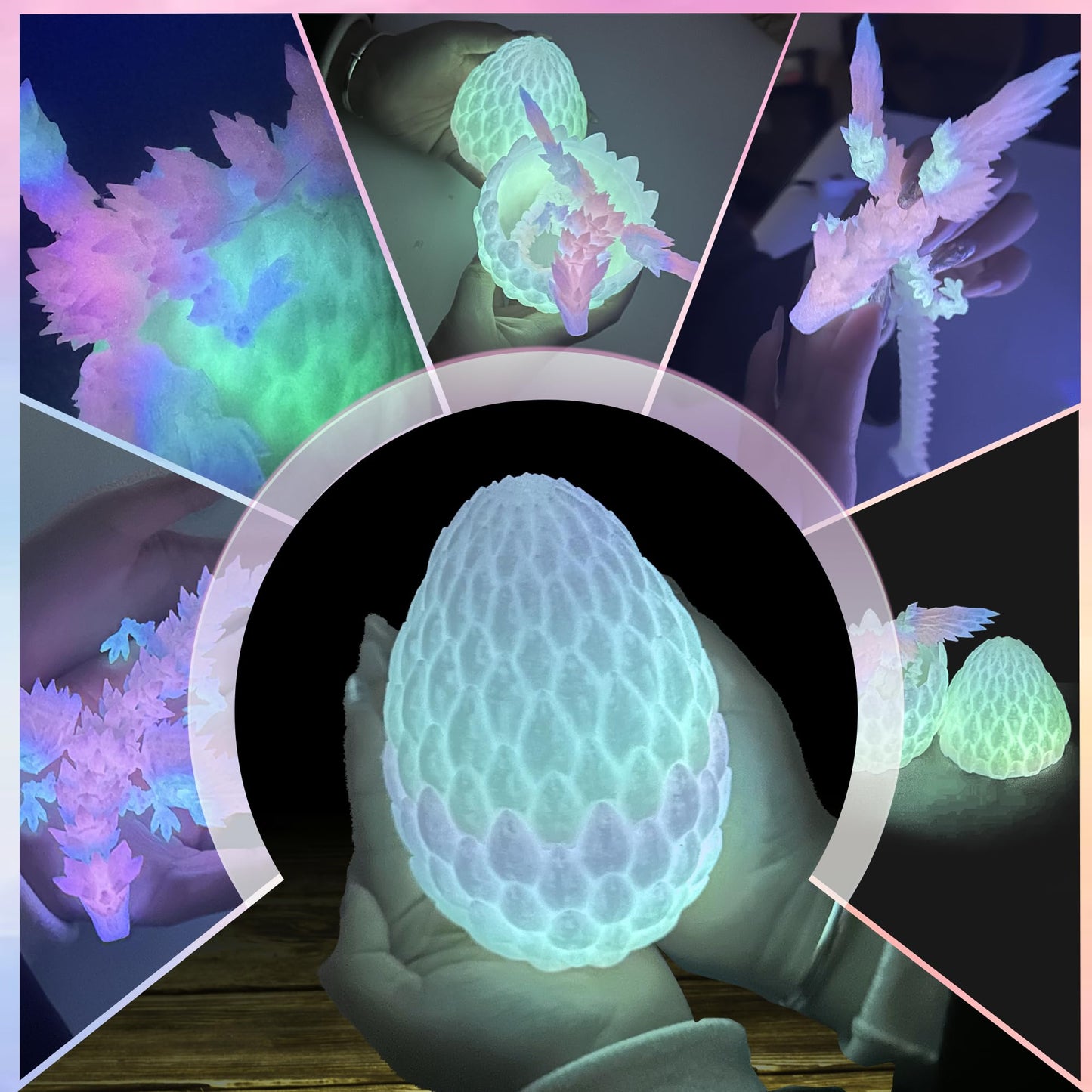 Flavery 3D Printed Flying Dragon in Egg - Glow Rainbow - Surprise Egg with Flexible Winged Dragon Inside, Mystery Beautiful Fidget Toy, Birthday Gift, Desk Figure Decor