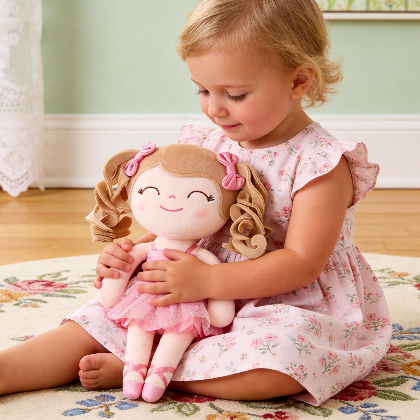 Gloveleya Baby Doll Gifts Plush Curly Hair Ballet Dolls Soft Girl Toys Pink 33CM