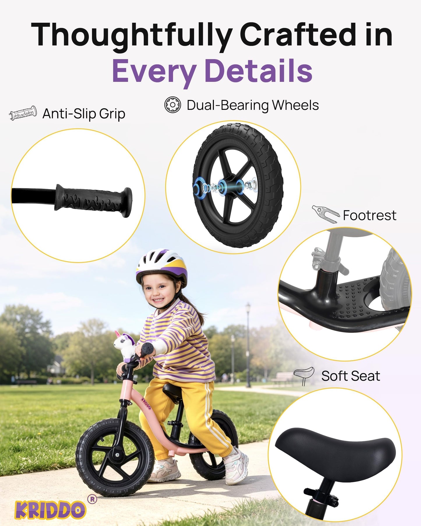 KRIDDO Toddler Balance Bike 2 Year Old, Age 24 Months to 5 Years Old, Early Learning Interactive Push Bicycle with Steady Balancing, Gift Bike for 2-5 Boys Girls, Pink