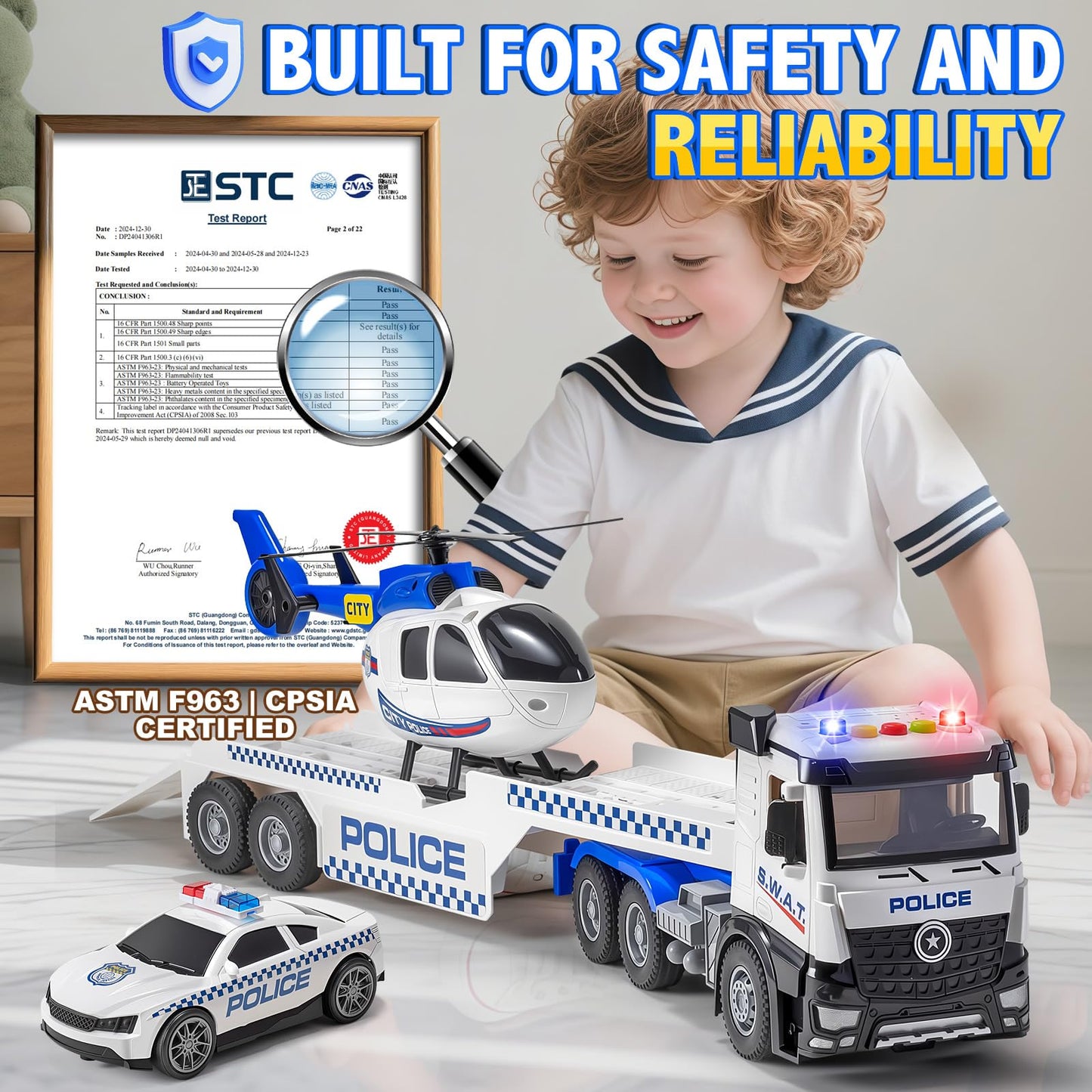 WEMOKA Police Truck Toys for Toddler Boy 3 4 5 6 Year Old, 22.5" Semi Truck Toy with Racing Car and Helicopter, Openable Doors, Realistic Sounds and Lights, Birthday Gifts for Kids Child