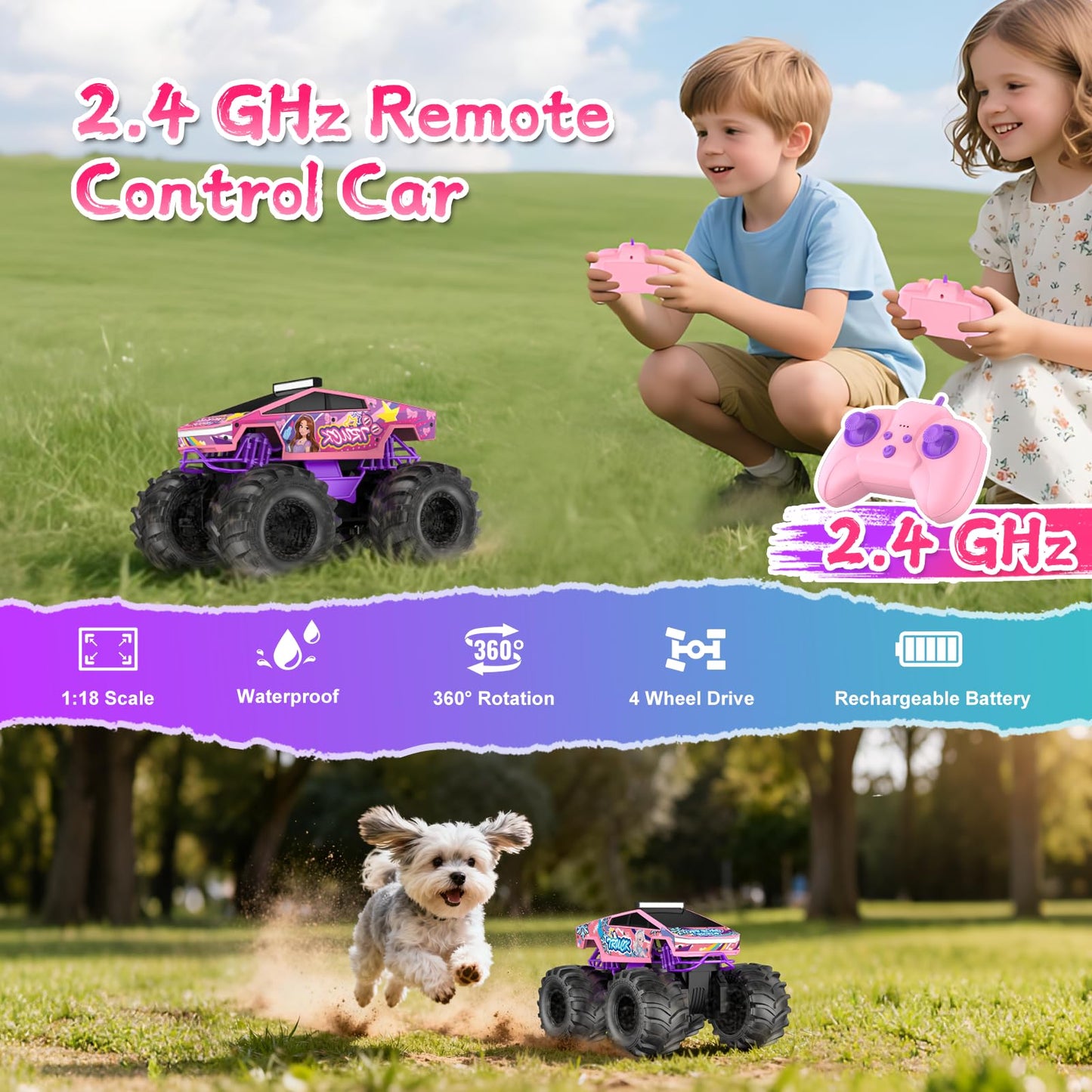 Amphibious Remote Control Car, 1:18 Pink Monster Truck Toys for Girls RC Cars, 2.4 GHz Waterproof RC Trucks, 4WD All Terrain Off-Road Pickup, Girls Christmas Birthday Gifts Presents Kids Toys Ages 6+