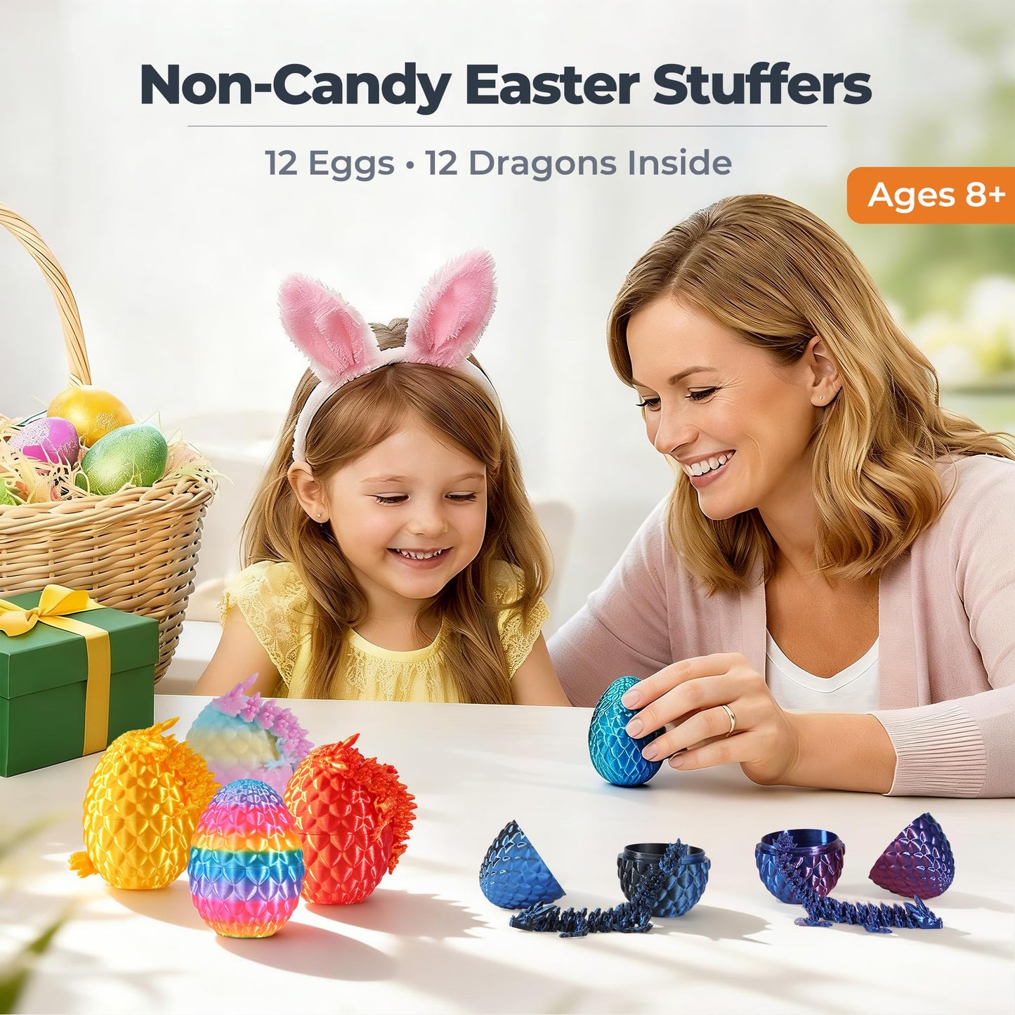 MiniMythos Toys 12 Pack 3D Printed Dragon Eggs with Dragons Inside, Mini Articulated Crystal Dragon Figures, Dragon in Egg Collectible Set, Desk Decor Display, Gift-Ready Box