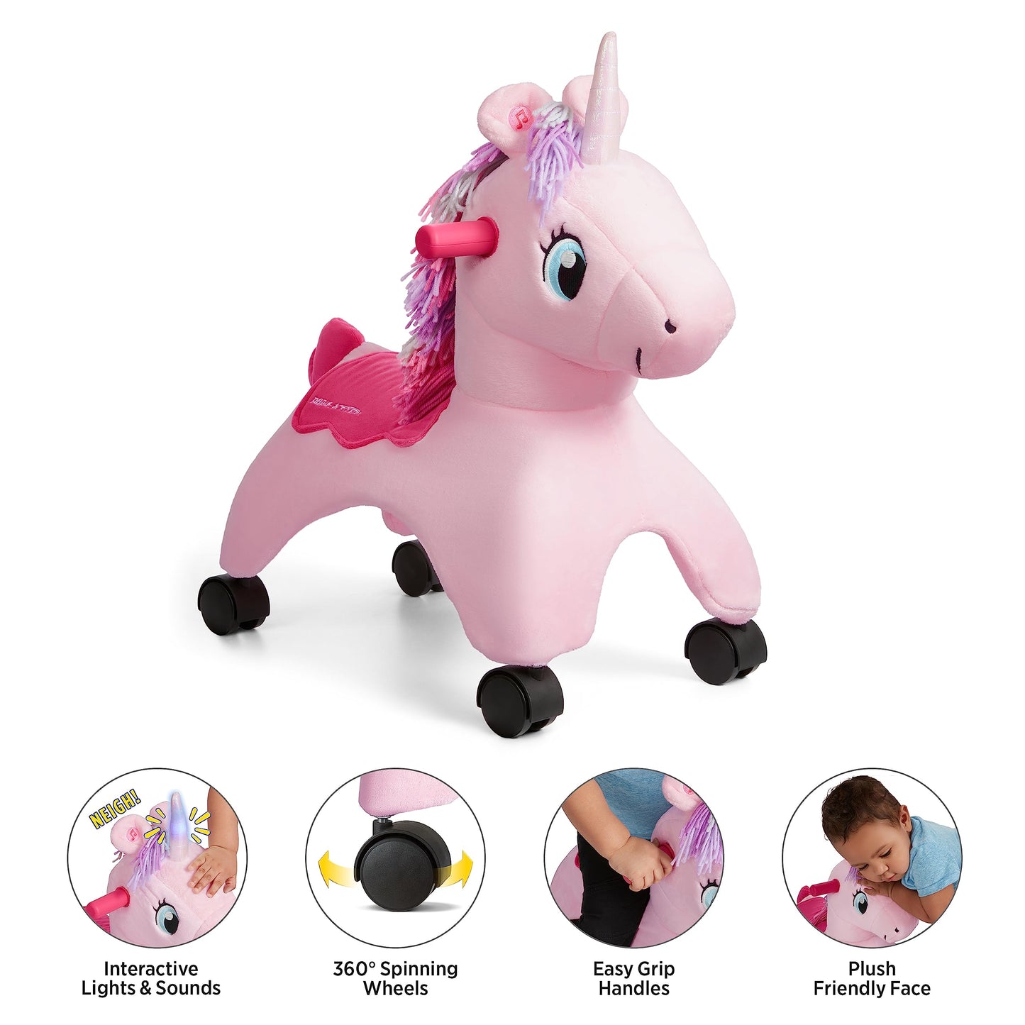 Radio Flyer Shimmer the Magic Unicorn Ride On, Ages 1-3, Interactive Lights & Sounds, Horn Lights Up While Riding, EZ-Glide 360-degree Wheels, Easy Grip Handles, Soft Plush Face, Toddler Ride On Toys