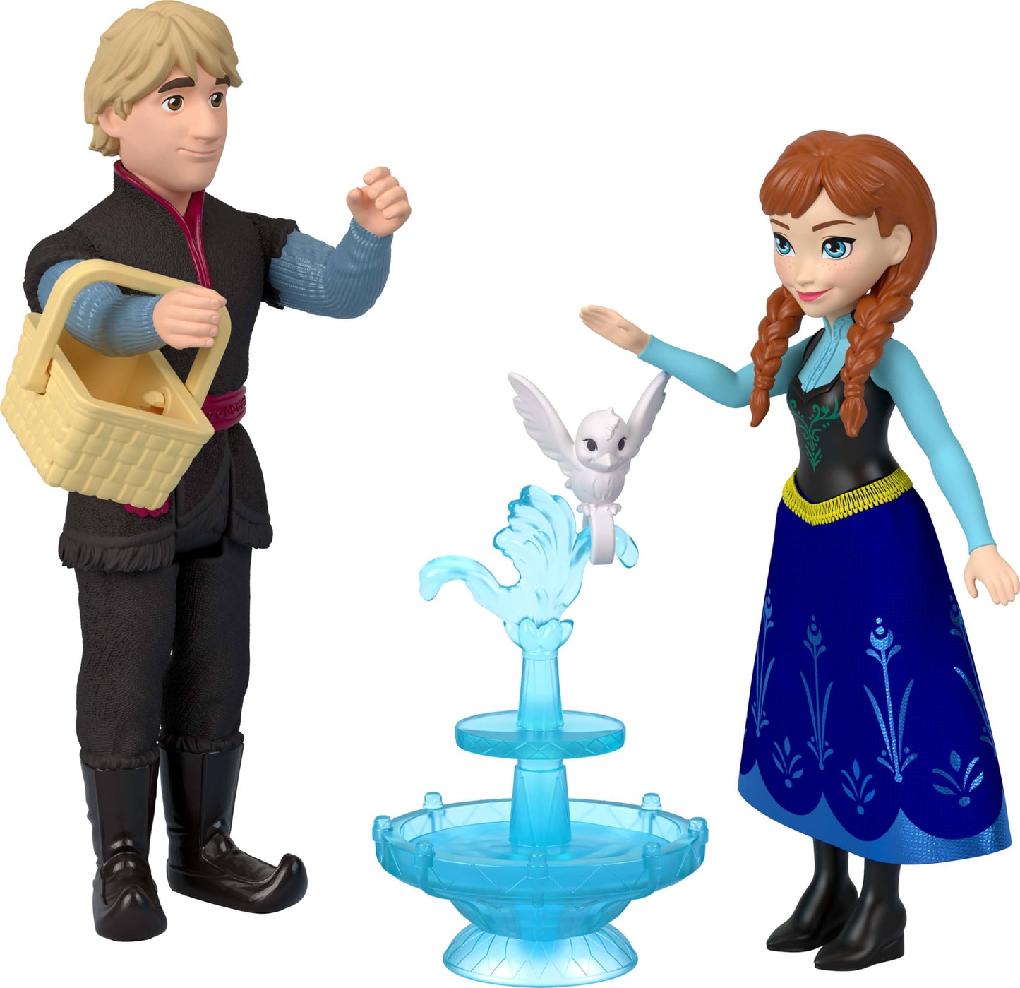 Mattel Disney Frozen Toys, Small Doll 4-Pack with Anna, Elsa, Kristoff & Olaf, Plus Fountain and 3 Storytelling Accessories, Inspired by Movie
