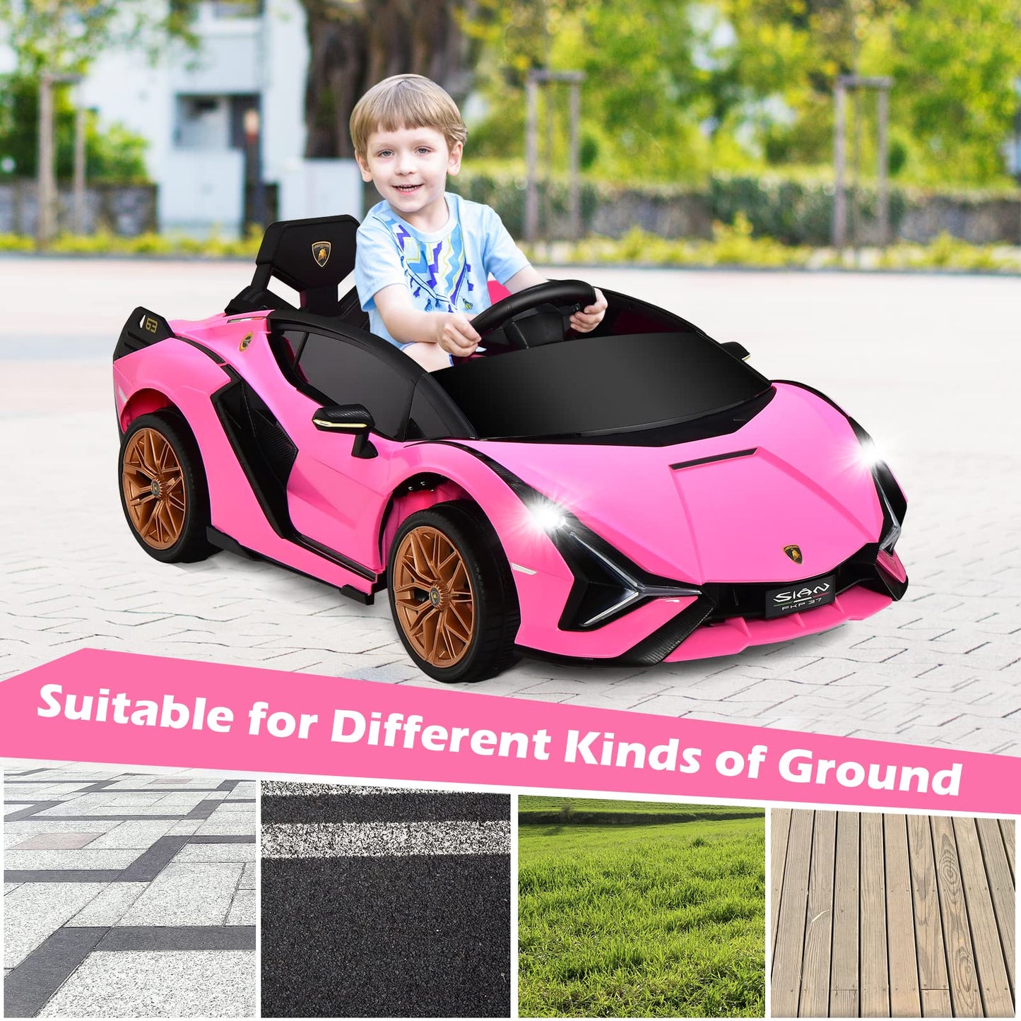 INFANS 12V Licensed Lamborghini Sian Kids Ride On Car with Parent Remote Control, Spring Suspension, MP3 Player, Electric Toy Roadster Carbon Fiber Textured for Toddler (Pink)