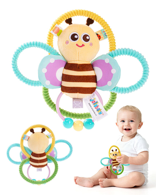 Jollybaby Soft Baby Rattles & Plush Rings Toy for Newborn 0-3-6-12 Months, Sensory Developmental Hand Teether Toys for Infant 0-2-4-7-8-9 Months, Baby Shower & Birthday Gifts - Bee