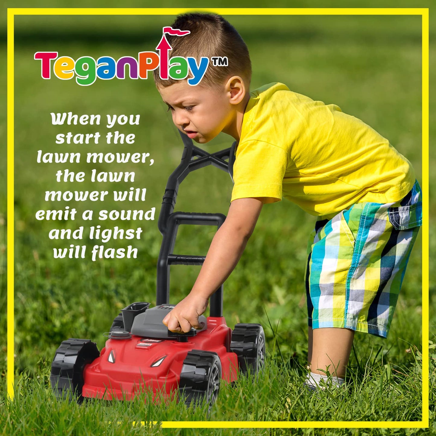 TeganPlay Kids Toy Lawn Mower Toddler Landscaping Gardening Tools and Equipment Includes Mask Safety Goggles and Earmuffs