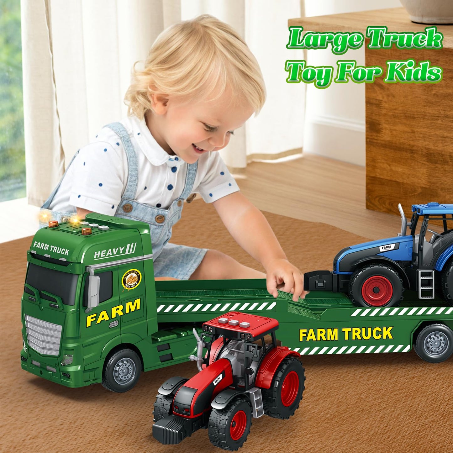 lonfypeng 3-in-1 Farm Truck Toys for Kids Ages 3-6 – 25.6 Inch Extra-Large Inertia Semi Trailer with Lights & Sounds, Detachable Tractor and Light & Sound Farm Vehicle