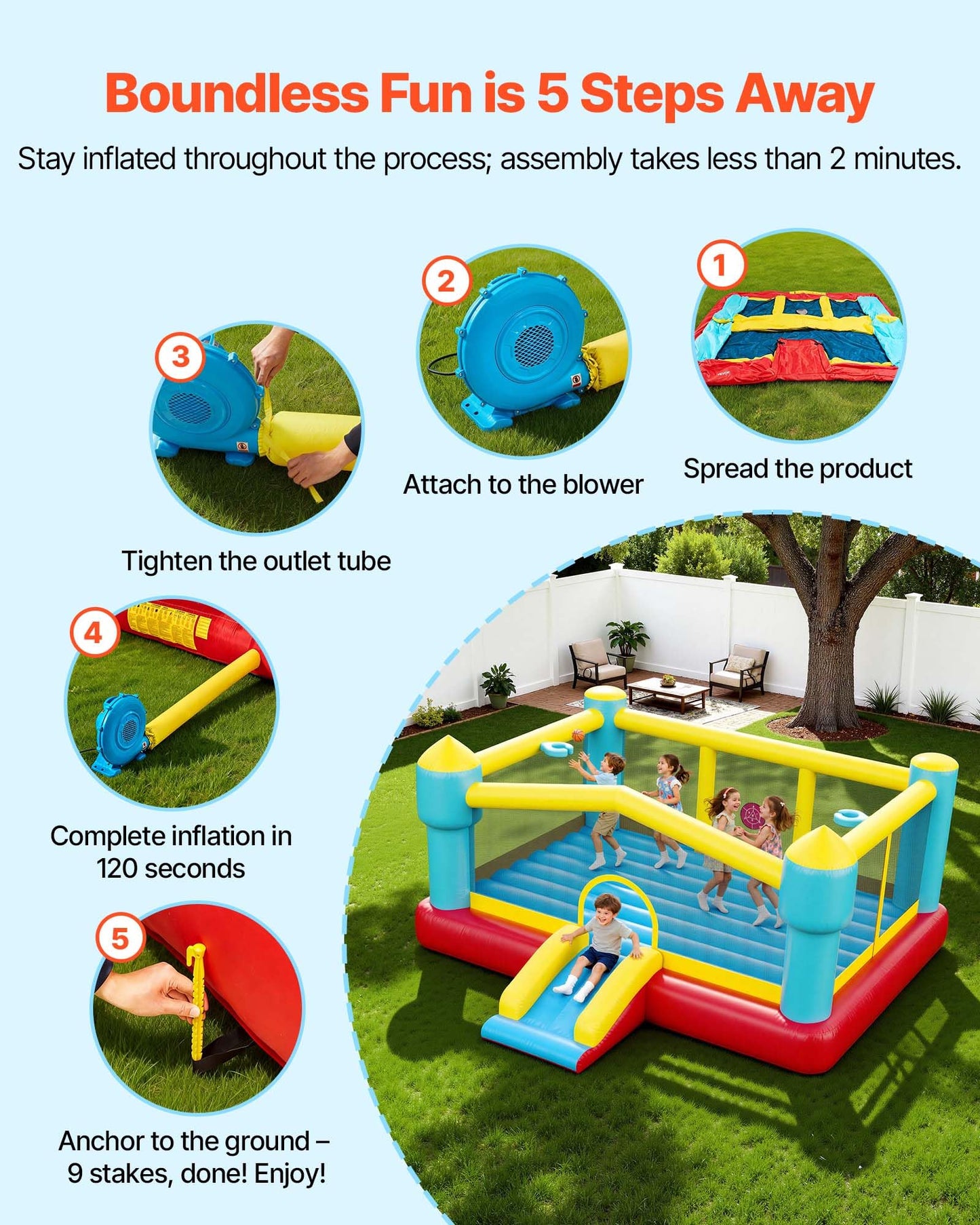 VEVOR Inflatable Bounce House, 14.7 x 13.8 x 6.8 ft Jumping Bouncy Castle, Inflatable Jumper for Kids with Slide, Basketball Hoop, Target Game & Jumping Area, Jumpings House Holds 3-4 Kids (Ages 3-8)