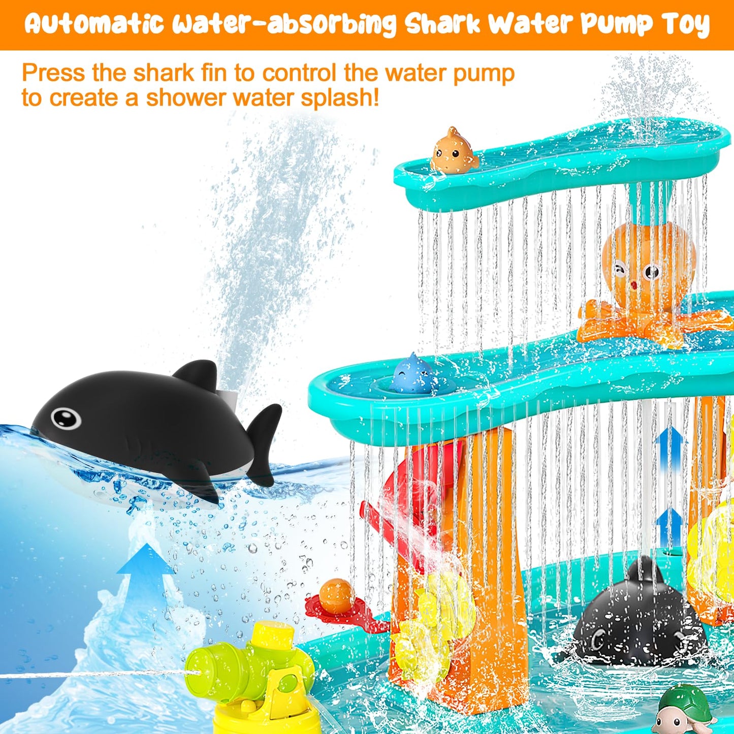 Handwell Toddler Water Table, Auto Water-Absorbing 3-Tier Kids Water and Sand Activity Table with Umbrella & 20PCS Water Toy Accessories, Outdoor Water Play Toys Sensory Playset Summer Gift for Age 3+