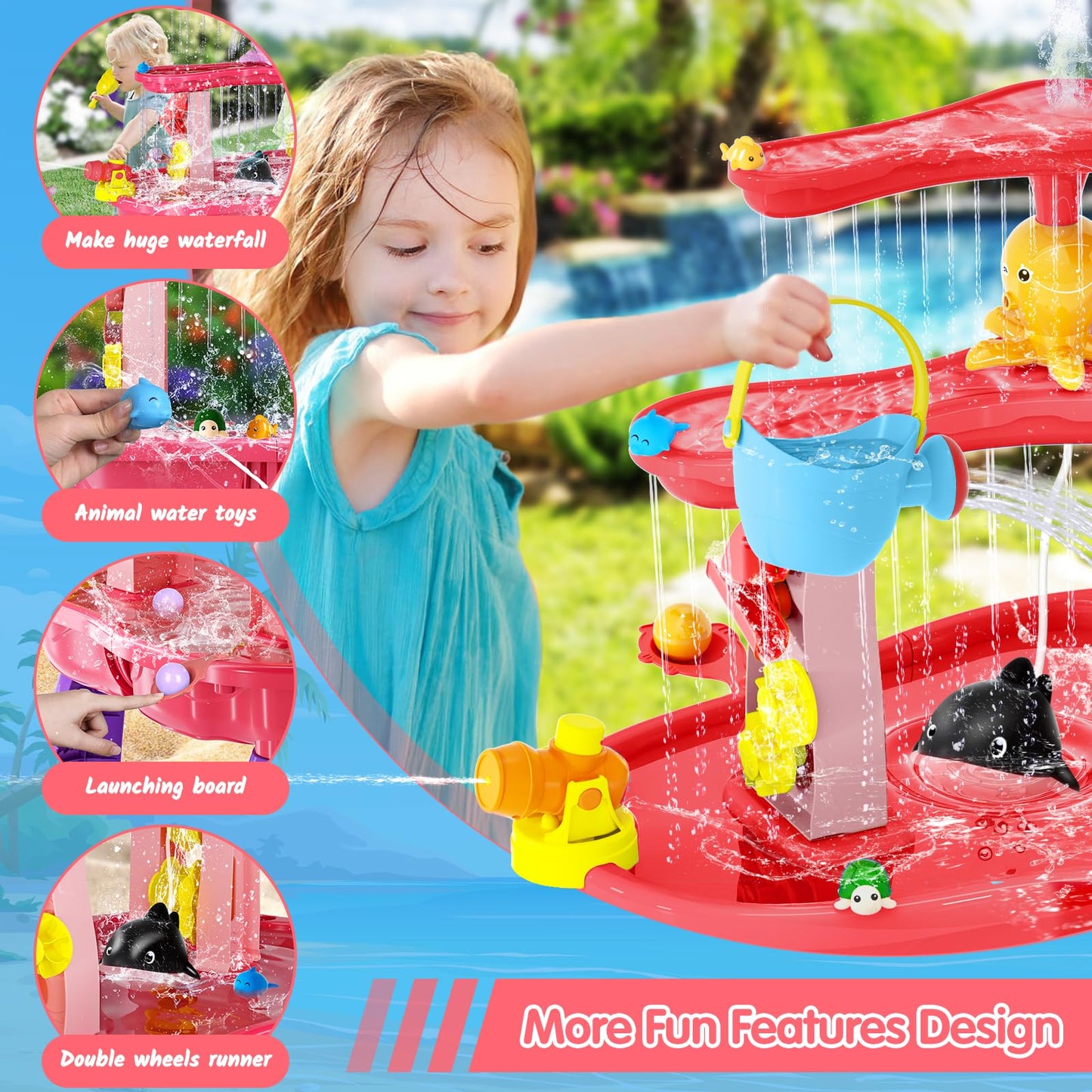 2026 Sand Water Table Toys for Toddlers 1-3 3-5 with Umbrella, 3-Tier Kids Outdoor Water Tables Toy, Auto Electric Pump Sensory Play Water Table for Girls 4-8, Beach Summer Water Toy, Pink&Purple