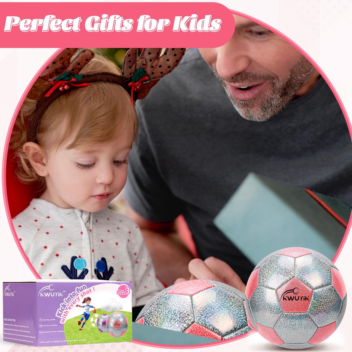 OKWUYiK Soccer Ball Size 3 Glitter Pink & Silver Spliced with Pump Toddler Soccer Ball for Kids Aged 3-6 Outdoor Training Ball for Girls Boys Children Youth Teens (Pink & Silver Spliced, 3)
