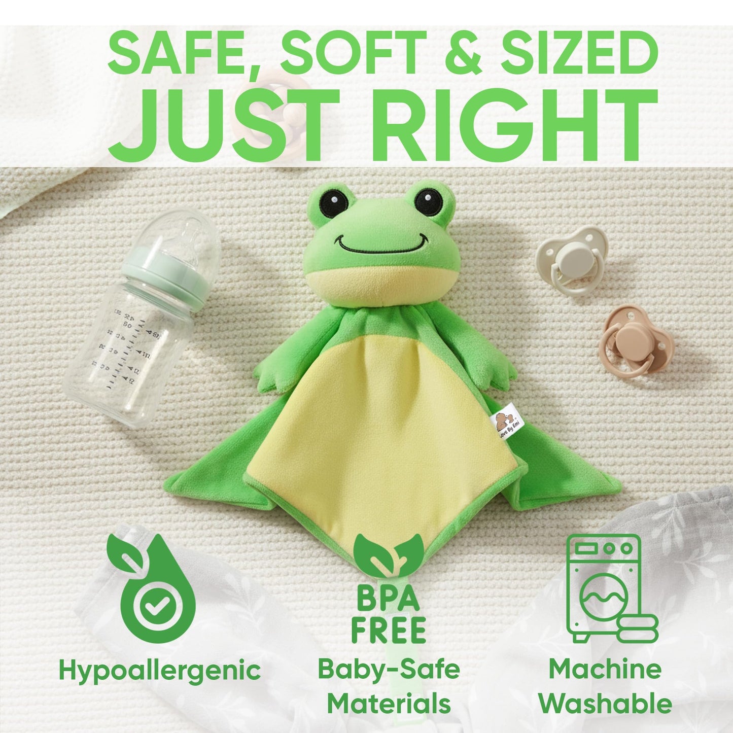 Love By Emi 4 in 1 Baby Lullaby Sleep Soother Toy - Stuffed Animal Sound Machine & Pacifier Holder | Heartbeat White Noise & Music | Plush Yellow Frog Sleep Aid Security Blanket (0-3 Years)