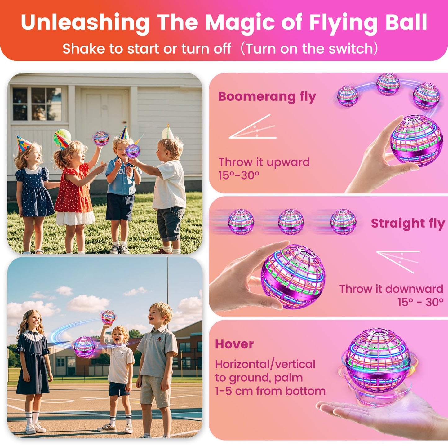 NWLAEWR Flying Orb Ball Toy, 2026 Upgrade Hand Controlled Hover Ball with LED Lights, 360° Rotating Boomerang Globe, Cool Mini Drone, Ideal Birthday&Christmas Gift for Boys Girls-Red & Purple