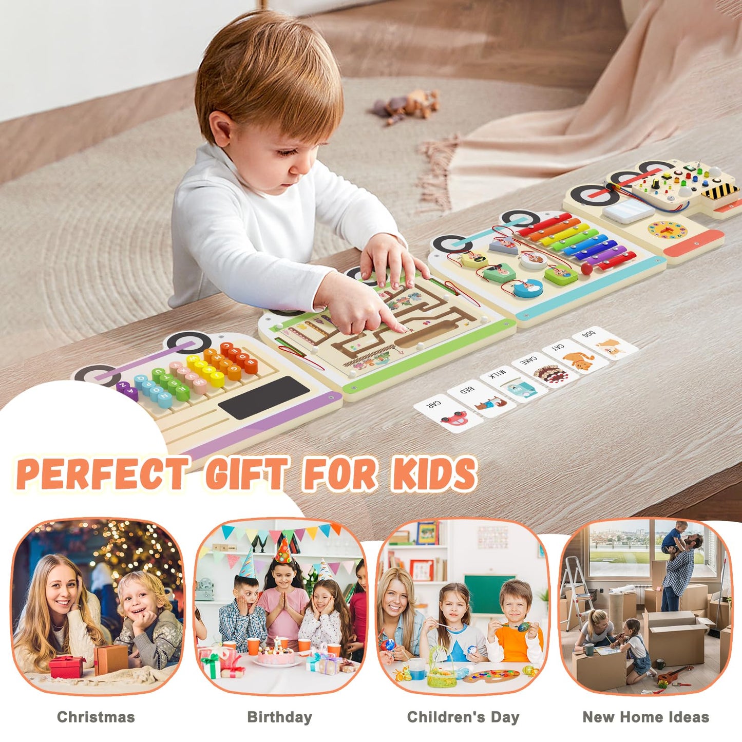 Spacocld Montessori Sensory Board - Electric Train Wooden Wall Busy Board, Toddler Learning Panel Wall-Mounted, Educational Toys for 3-6 Years, Interactive Playroom Activity Gifts for Kid