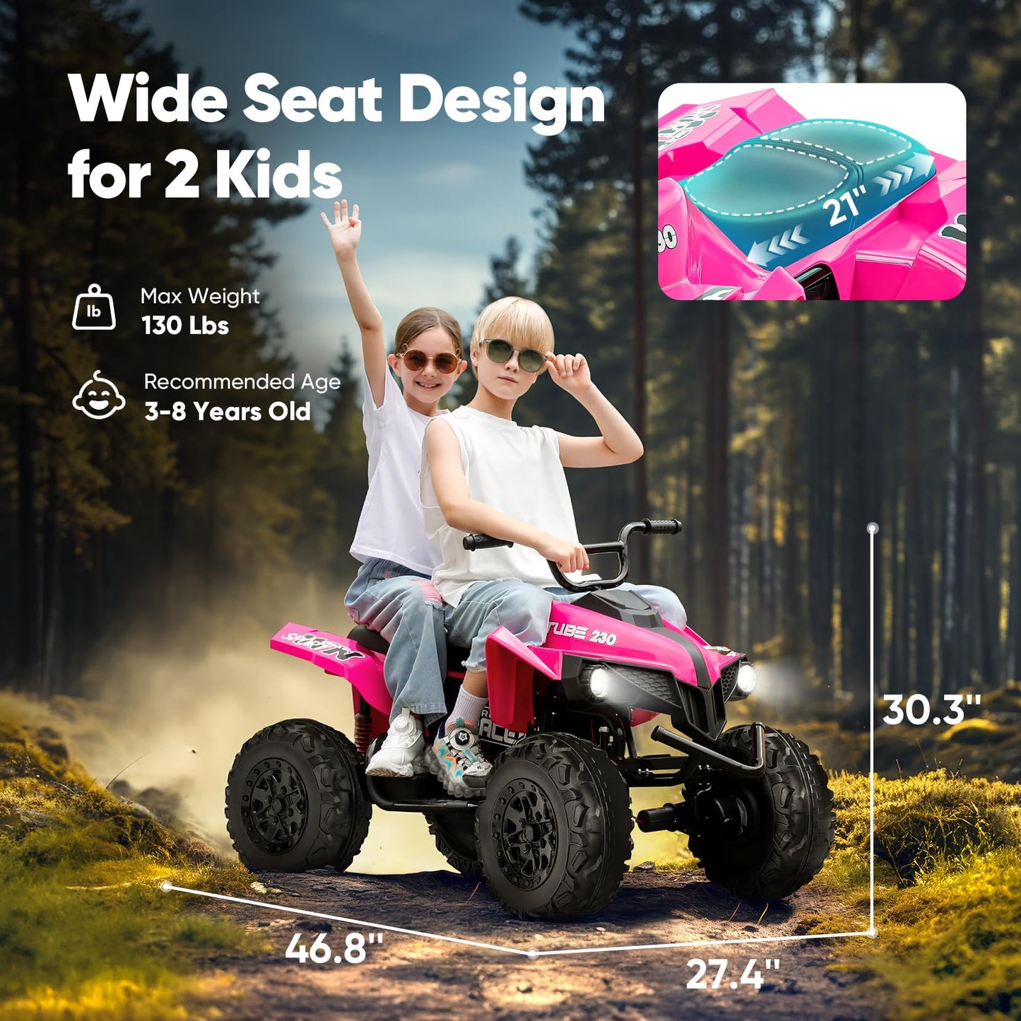 ELEMARA 24V Iron-Frame 2 Seater Ride on ATV for Big Kids,4WD Heavy-Duty ATV for Kids with Bluetooth,4 Wheeler Ride on Car with Realistic Sounds,Spring Suspension,Ultimate Adventure for Boy&Girls,Pink