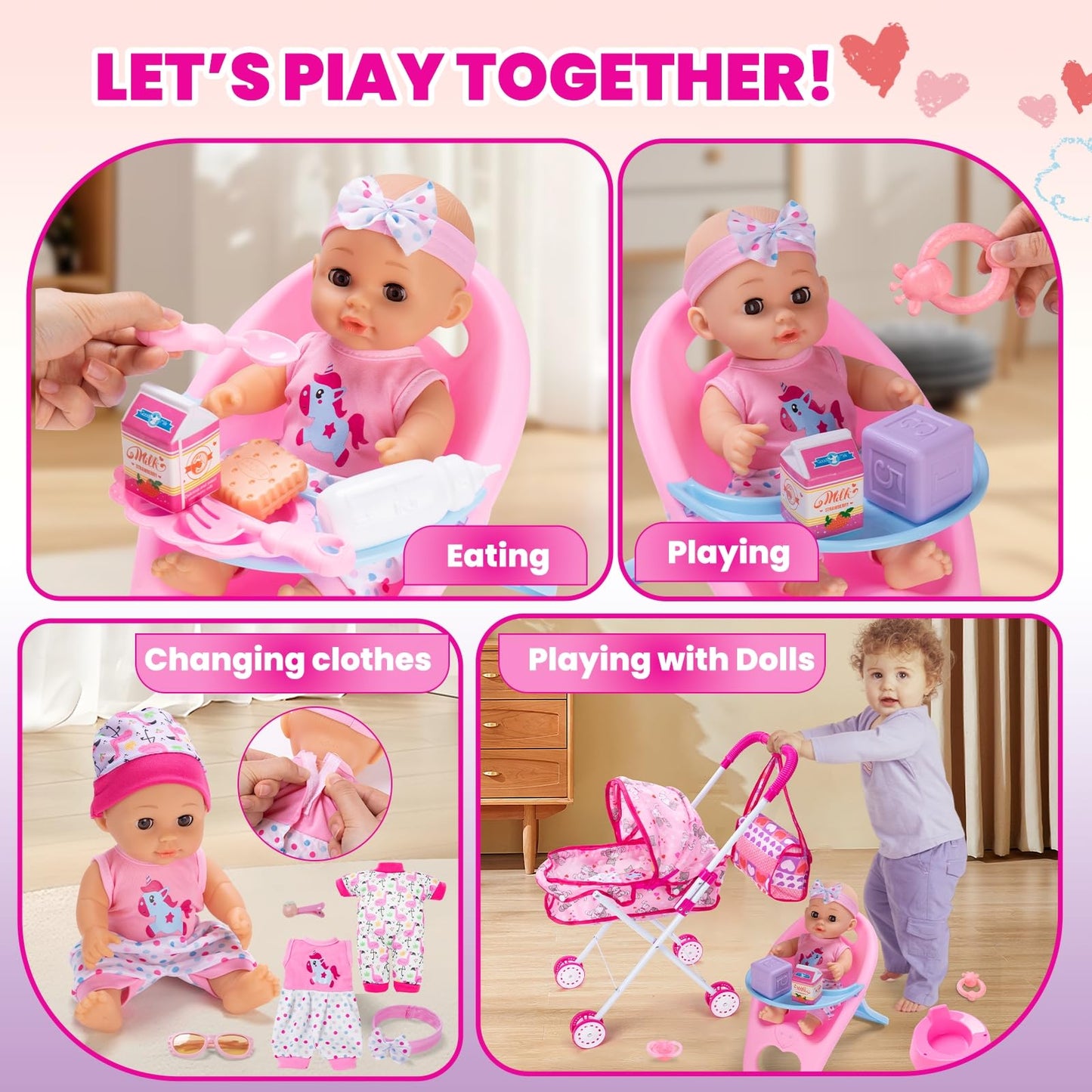 gerleek Baby Doll Stroller Play Set with 12.5" Baby Dolls, 28 Pcs Pretend Role Play Doll Accessories Including Crib, Dining Chair, Doll Clothes, Sunglass, Handbag for Girls Toddlers 3-5 4-6 5-7