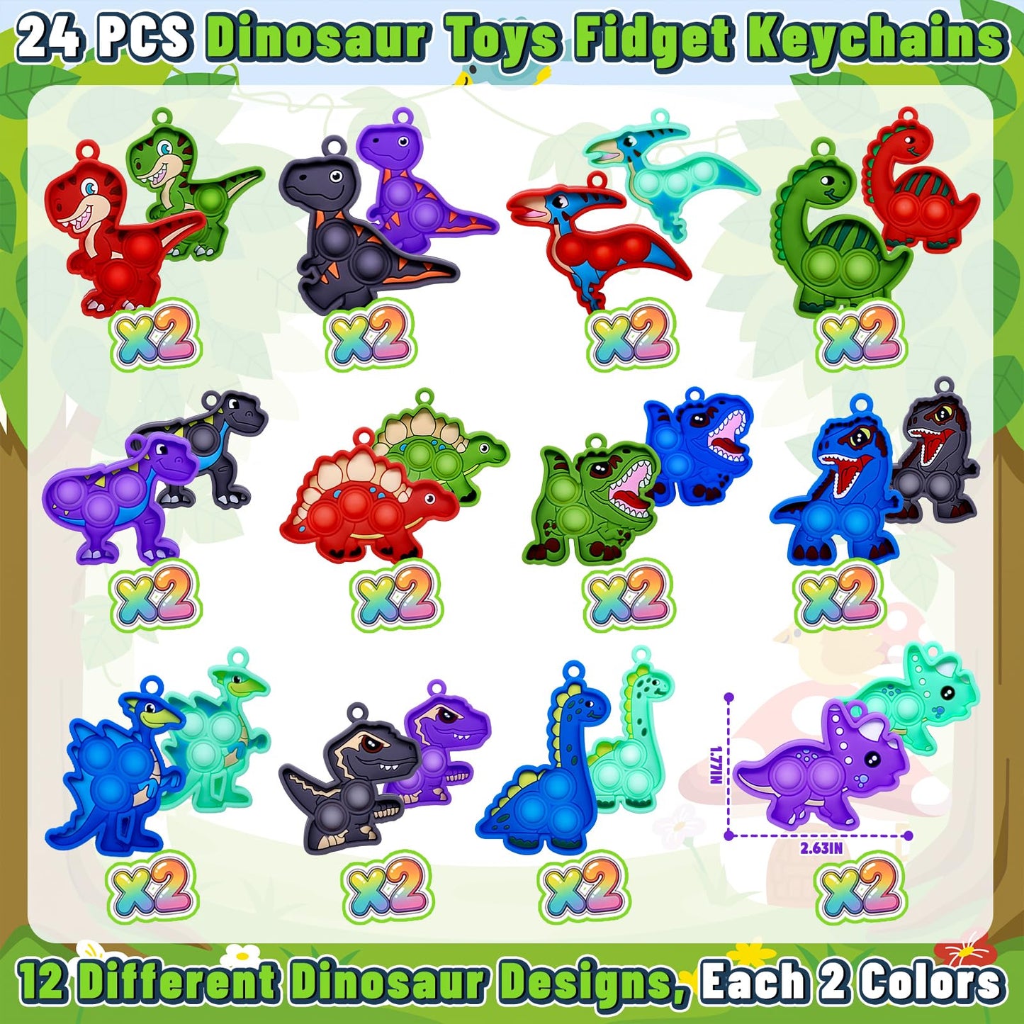 Kiss Monkey 24 Pack Dinosaur Party Favors for Kids, 12 Styles Dinosaur Silicone Fidget Keychains Bulk, Pop Sensory Fidget Toys, Birthday Goodie Bag Fillers, Classroom Prizes for Boys Girls
