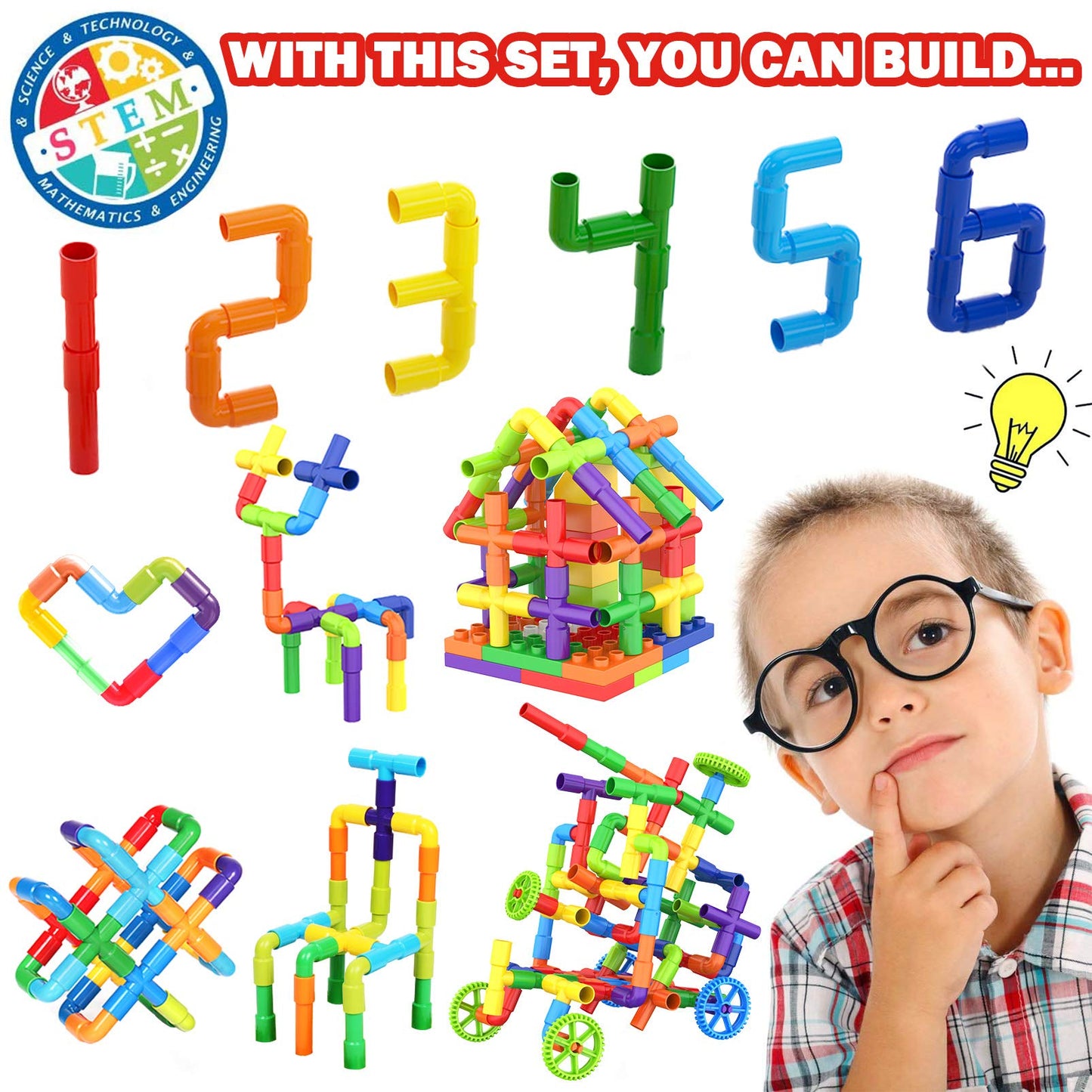 250PCS Pipe Tube Learning Toy for Toddlers, Educational STEM Bins for Classroom Preschool Building Toys, Montessori Interactive Autistic Sensory Toy, Xmas Birthday Gifts for All Ages Kids