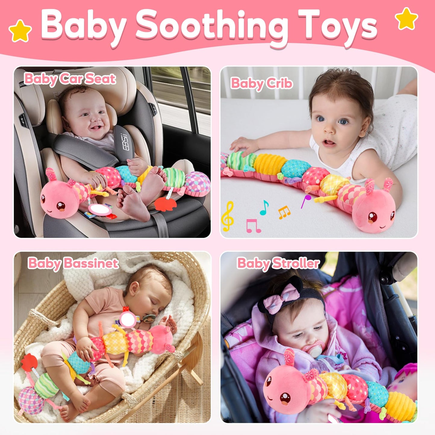Thremhoo Baby Girls Toys 0-6 Month Music Animal Stuffed Caterpillar Toy & Soft Beehive with 5 Stuffed Animals, Rattle, Crinkle, Mirror, Montessori Sensory Toys