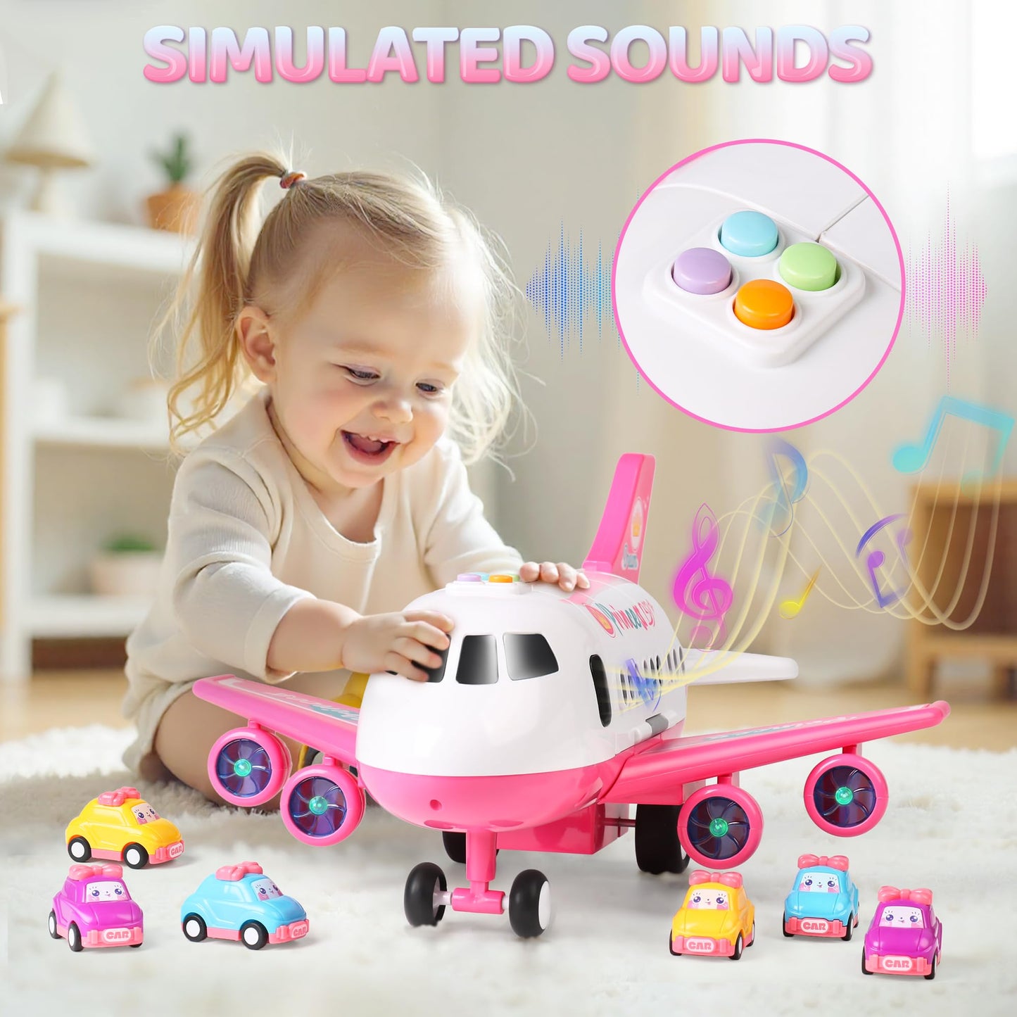 Dwi Dowellin Pink Airplane Toy with 6 Truck Cars and Play Mat,Plane with Lights and Sounds for 3 4 5 6 7 Years Old Toddlers Boys and Girls