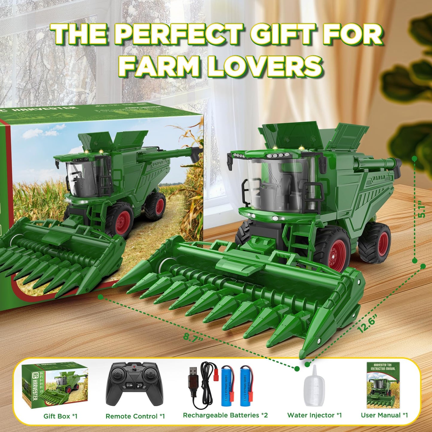 Uarzt Remote Control Combine Harvester Tractor Toy with Corn Head, RC Tractor Toys for Kids 3+, Light/Spray/Sound/1/24 Scale, Farm Toy Combine Harvester for Kids, Christmas Birthday Gift