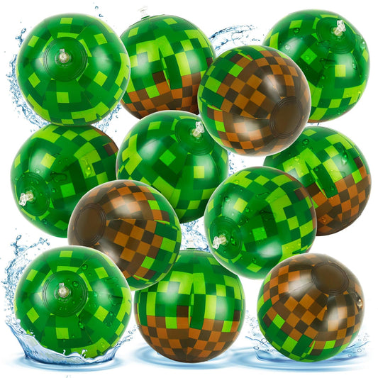 ZSMKJIAYE 12 Pack Pixel Themed Beach Balls - 6 Inches Green and Brown Inflatable Floating Balls for Birthday Party Decorations, Summer Pool and Beach Game, and Bulk Birthday Party Favors