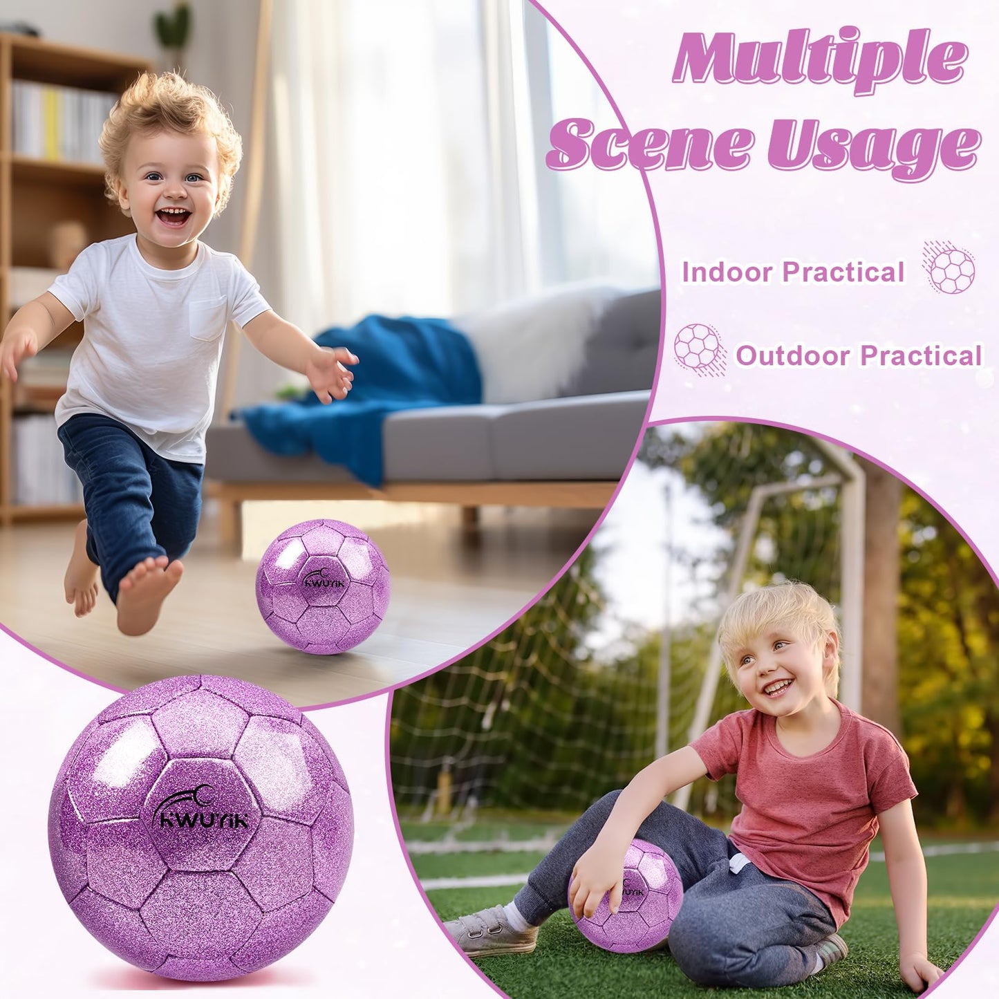 Size 3 4 5 Glitter Pink Gold Purple Soccer Ball Set with Pump Toddler Soccer Ball for Kids Aged 3-6 6-8 8-12 Outdoor Training Ball Youth Practice for Teens Children Boys Girls (Glitter Purple, 3)