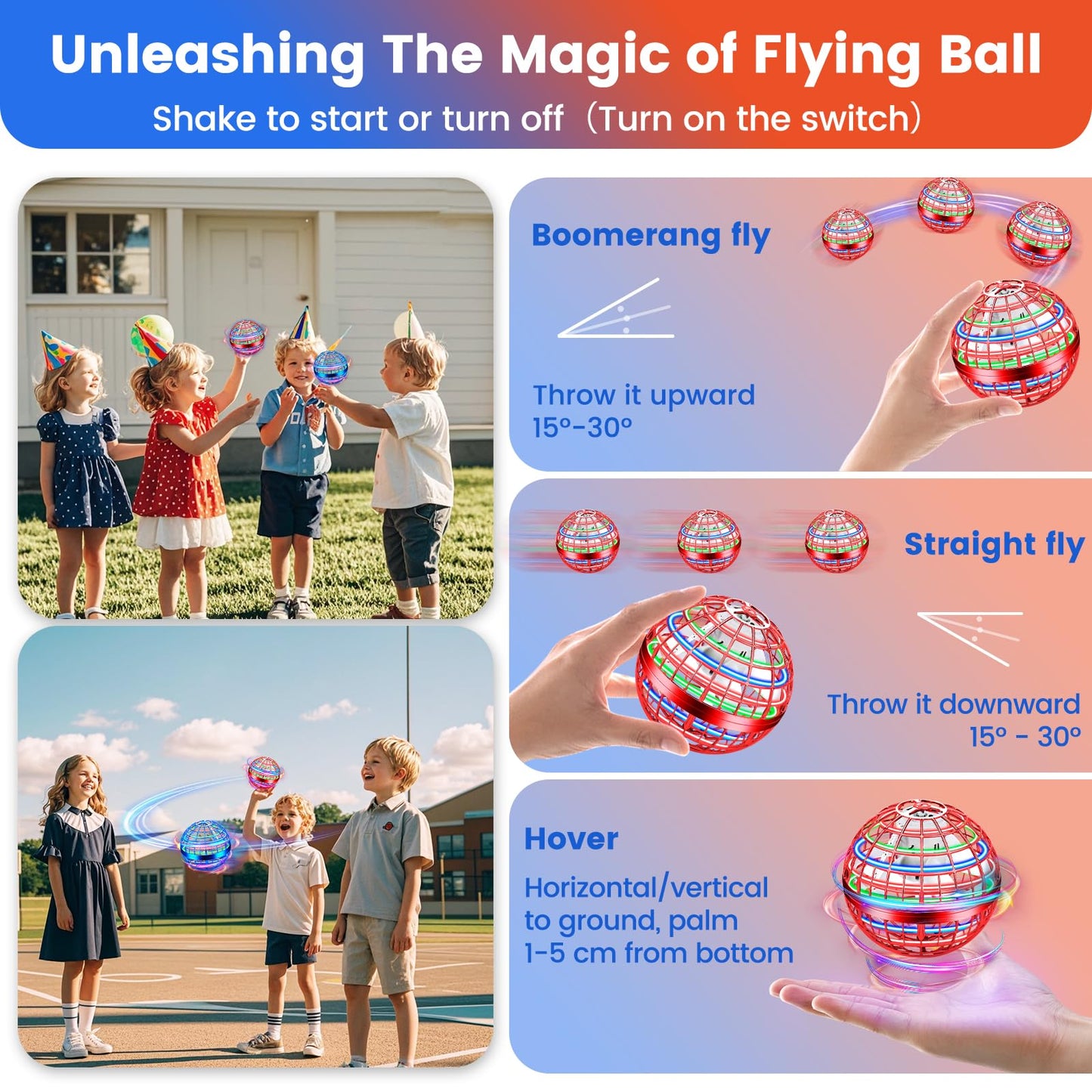 NWLAEWR Flying Orb Ball Toy, 2026 Upgrade Hand Controlled Hover Ball with LED Lights, 360° Rotating Boomerang Globe, Cool Mini Drone, Ideal Birthday&Christmas Gift for Boys Girls-Blue & Red