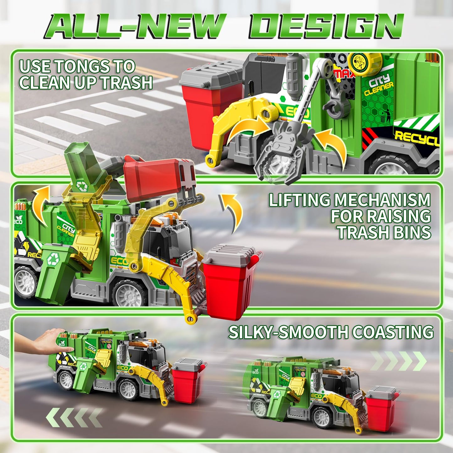 BLUEYAK Large Friction Powered Garbage Truck Toy Set with Light & Sound - ECO City Cleaner with Recycle Dumpster, 4 Color-Coded Trash Bins & 2 Ejection Cars, Ideal Birthdays for Toddlers Boys Girls