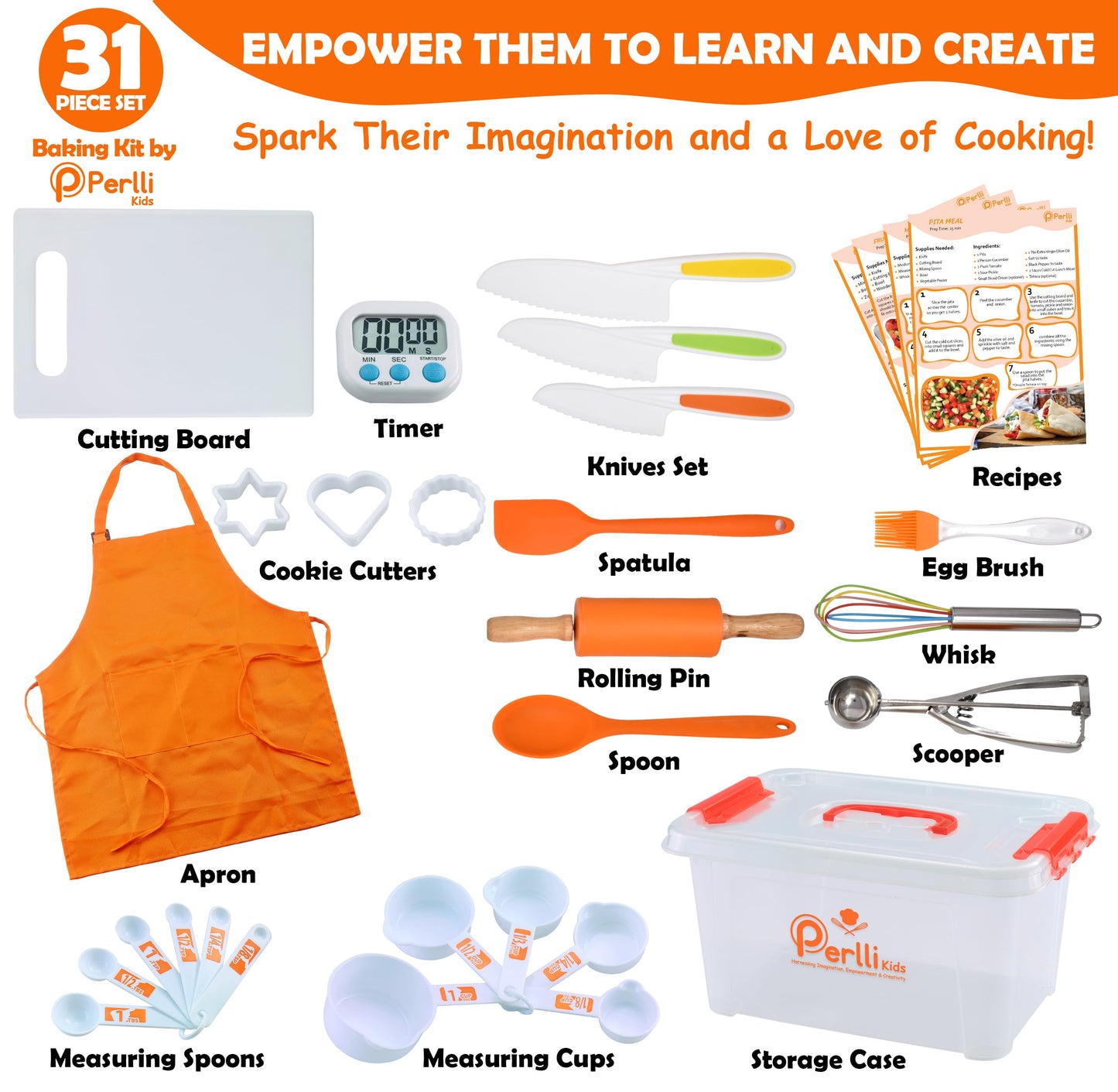 PERLLI Kids Real Cooking Set for Cooking and Baking – 31 Pc. Gift for Junior Chef with Real Utensils, Case & Safe Kids Knife Set for Boys & Girls – Fine Motor Skills & Fun for Children Ages 6+, Orange