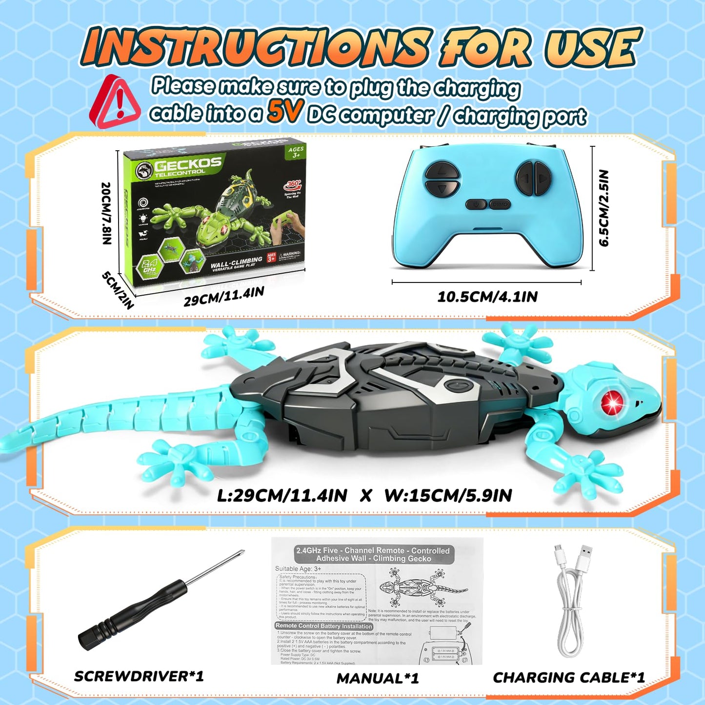 KETIEE RC Wall Crawler Gecko: Wall Climbing Gecko Toy for Kids, Remote Control Climbing Lizard with Led Glowing Eyes, Rechargeable Floor Ceiling Crawling Robot Toy Gifts for Boys Girls 3+Years Old