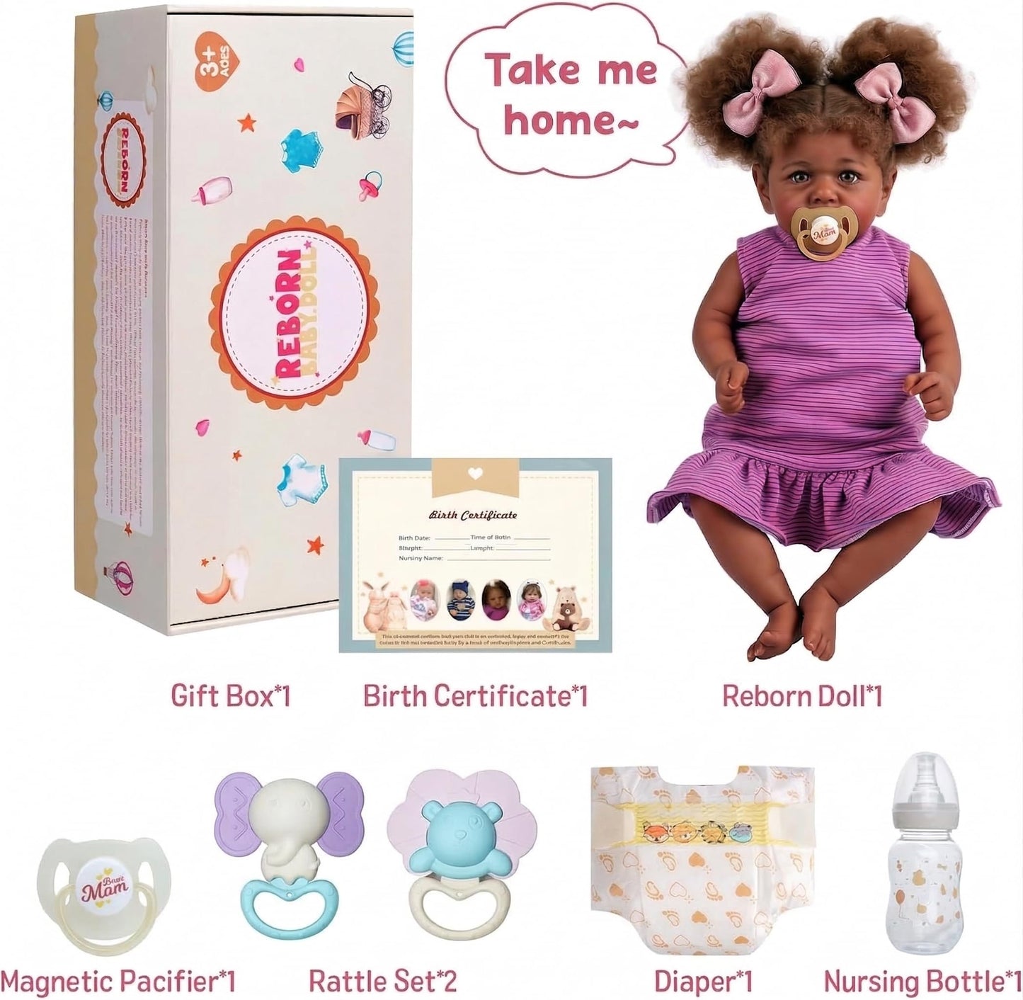JIZHI Reborn Baby Dolls Black - 22 Inch Lifelike Soft Body Realistic-Newborn Baby Dolls Taupe Eyes Caramel Skin Tone Pink Striped Skirt Real Life and Toy Accessories Gift for Kids Age 3