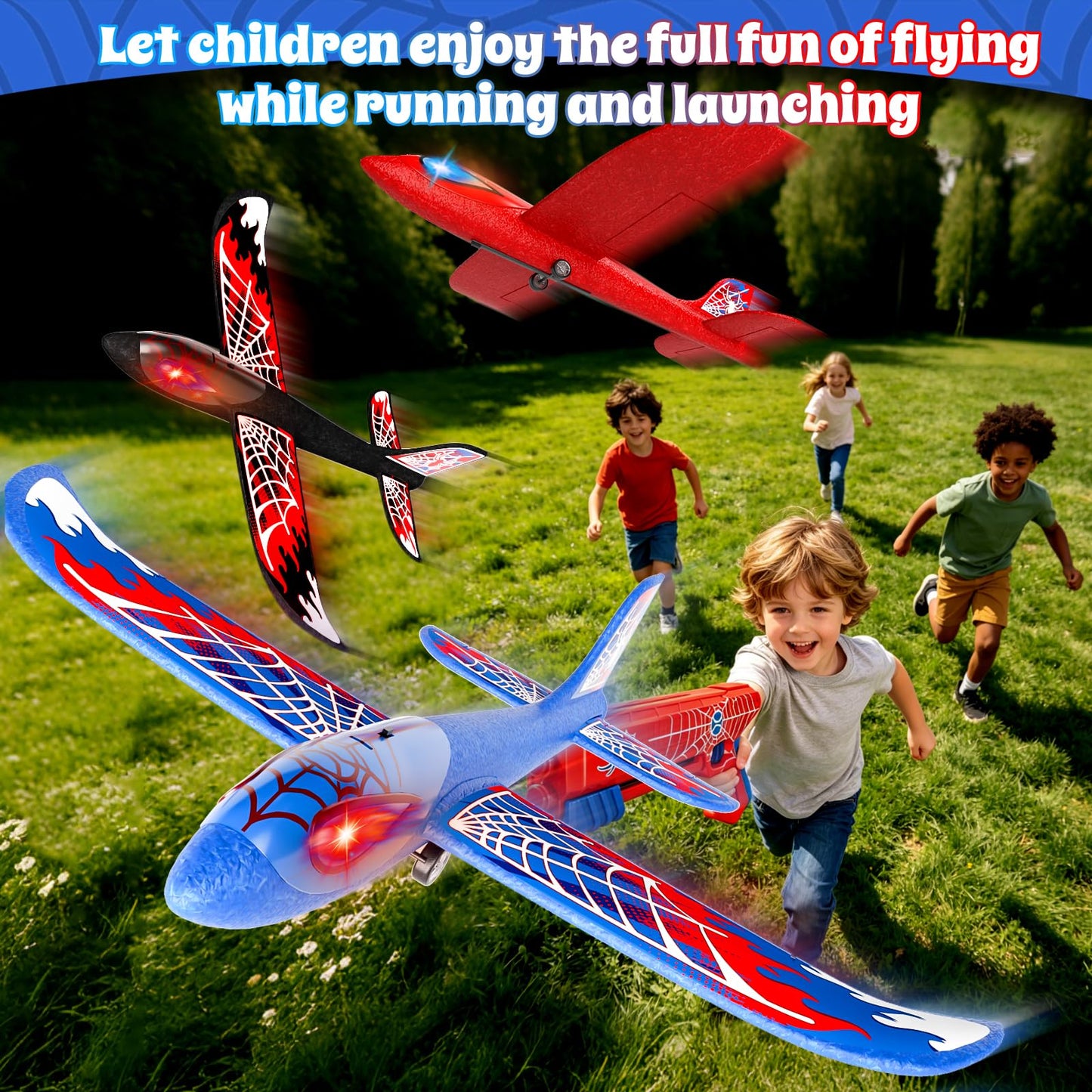 Doloowee Foam Airplane Launcher Toys for Kids, Outdoor Sport Flying Toys, 3 Pack 12.6" Foam Glider LED Plane, 1 Catapult with 3 Foam Planes, Gifts for 3 4 5 6 7 8 9 10 12 Year Old Boys Girls