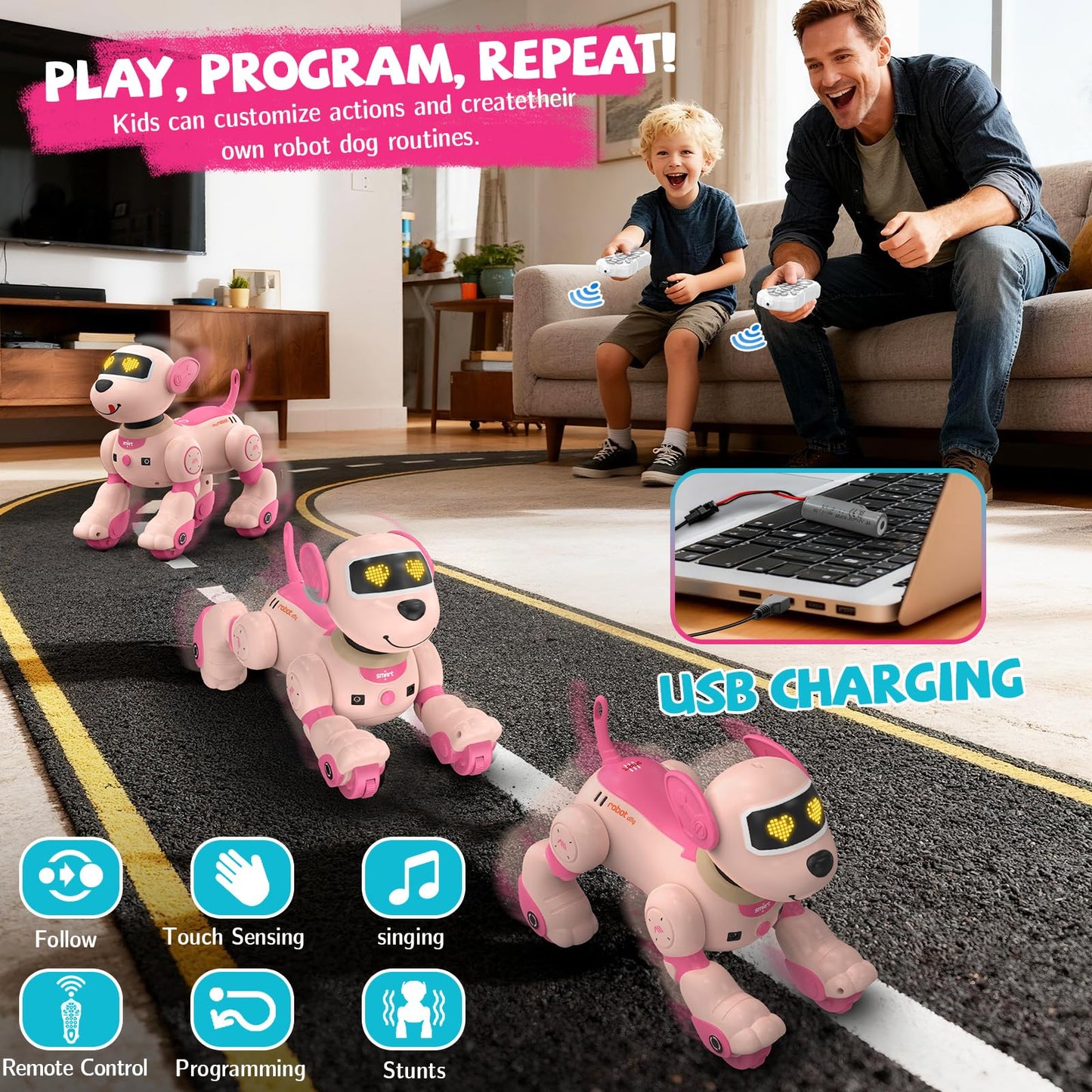 PRANITE Robot Dog Toy for Kids, RC Smart Programmable Robotic Puppy Interactive Touch Music Remote Control Follow Mode Fun STEM Educational Learning Toy Rechargeable Pink AI