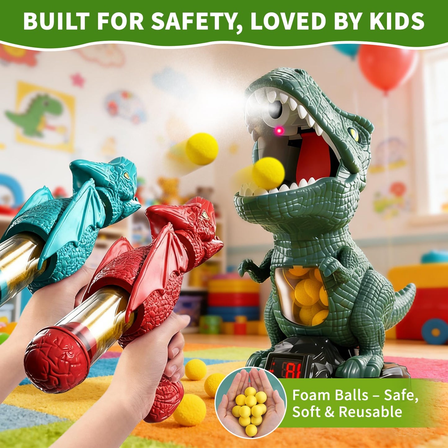 Movable Dinosaur Shooting Toys for Kids - Electronic Target Shooting Games with 2 Pump Blaster/24 Balls/Water Mist Spray/Score Record/LED & Sound Toy Foam Blasters Gift for Children Age 3 4 5 6 7 8