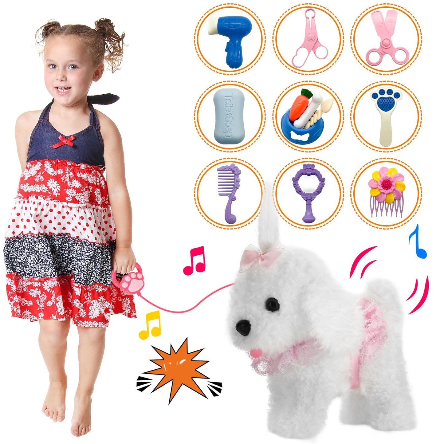 GOBRILLFUN Remote Control Robot Dog, Electronic Plush Puppy Dog Toy, Interactive Toys, Walks, Barks, Shake Tail, Stuffed Animal Gift for Girl and Boy Age 3-6 Year Old (White)