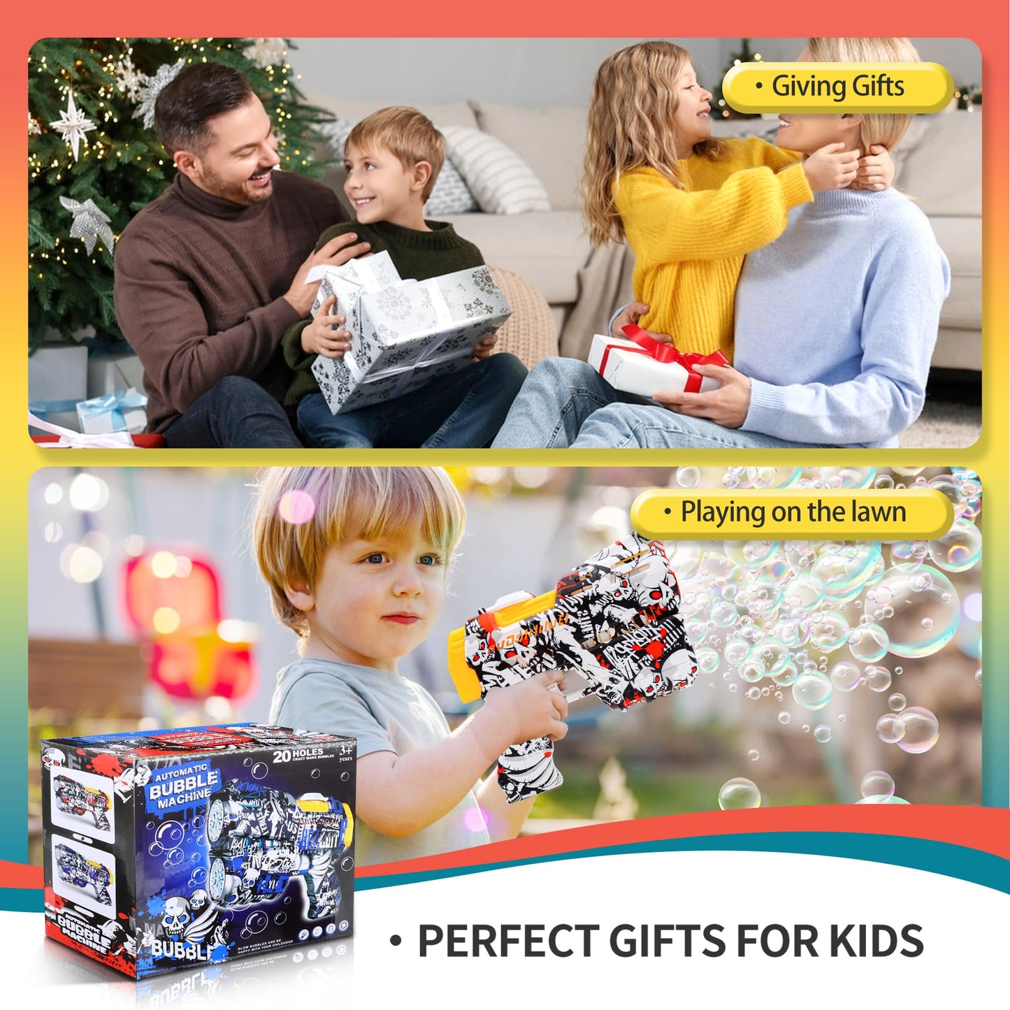 2 Pack Bubble Guns for Kids, Rechargeable LED Light Up Graffiti Bubbles Machine Blower with 2 Bottles Refill Solution for Kids 4-8, Bubble Makers Blaster for Toddlers