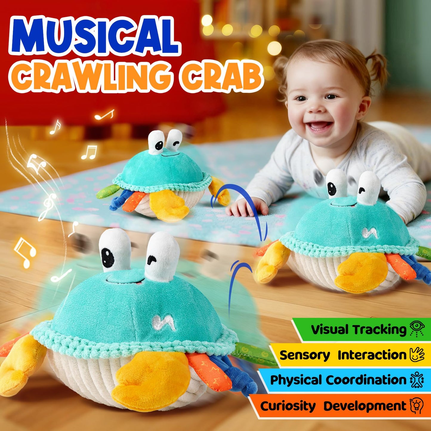 FUNZBO Baby Tummy Time Toys 12 18 Months -Musical Dancing Crawling Crab Babies Plush Toy, Interactive Infant Toys With 50 Songs & Recording Feature,Birthday Gifts for 1 2 3 Year Old Boys Girls Toddler