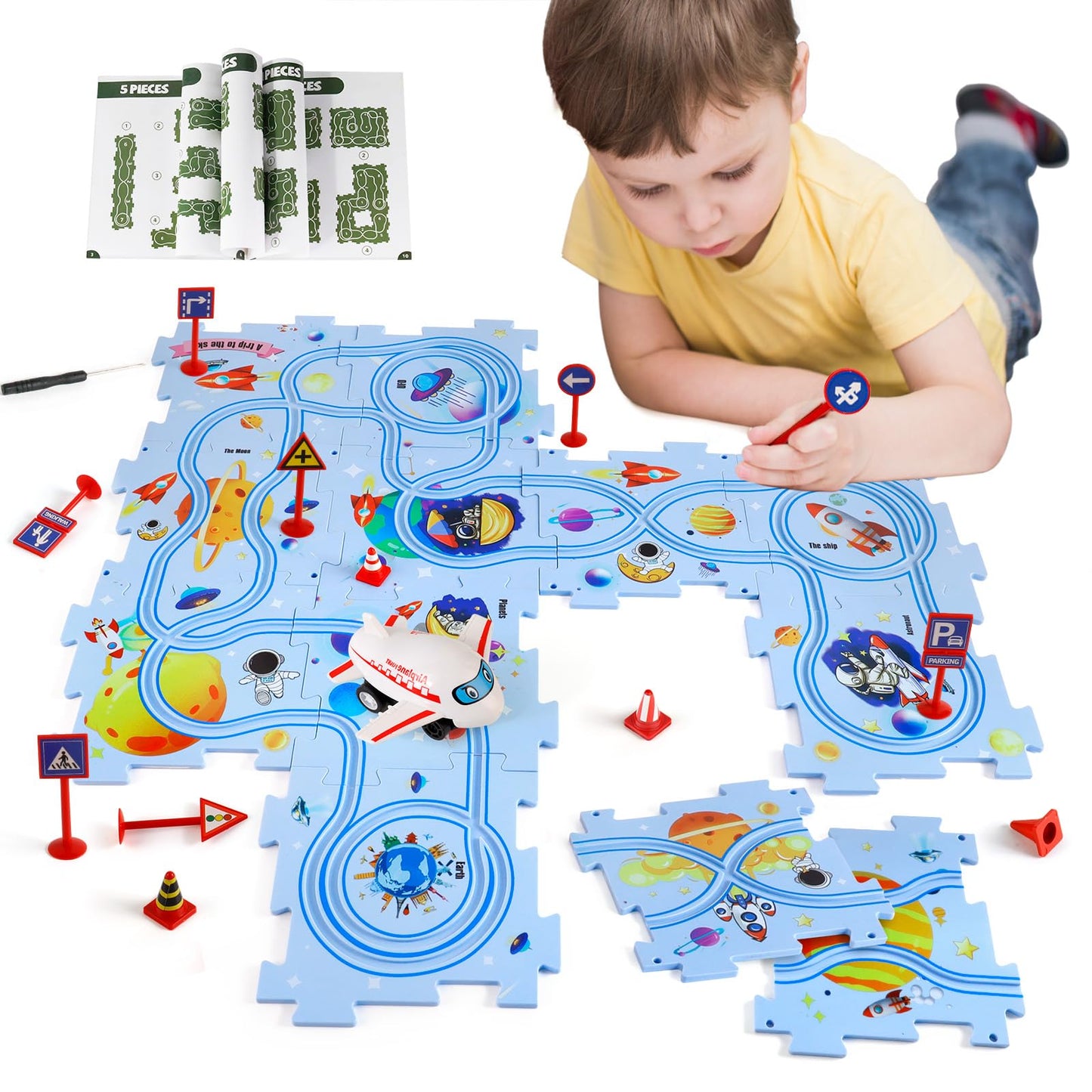 XAZASTOV Plastic Floor Puzzles for Kids with Airplane Toy Car, Puzzle Track Car Play Set, Educational Toys for 3 4 5 6 Year Old Boys, 3 4 5 6 Year Old Boy Birthday Gift, Kids Toys Boys 3-5