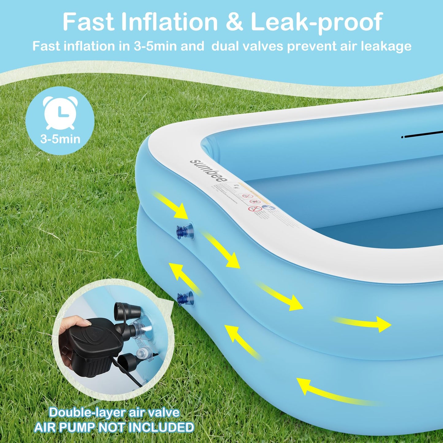 Sumbee Inflatable Swimming Kiddie Pool for Adults Kids Ages 4-8-12, Size 103" X 69" X 20" Rectangle Blow Up Family Pool for Children Backyard Outdoor Garden Summer Water Party Full-Sized Light Blue