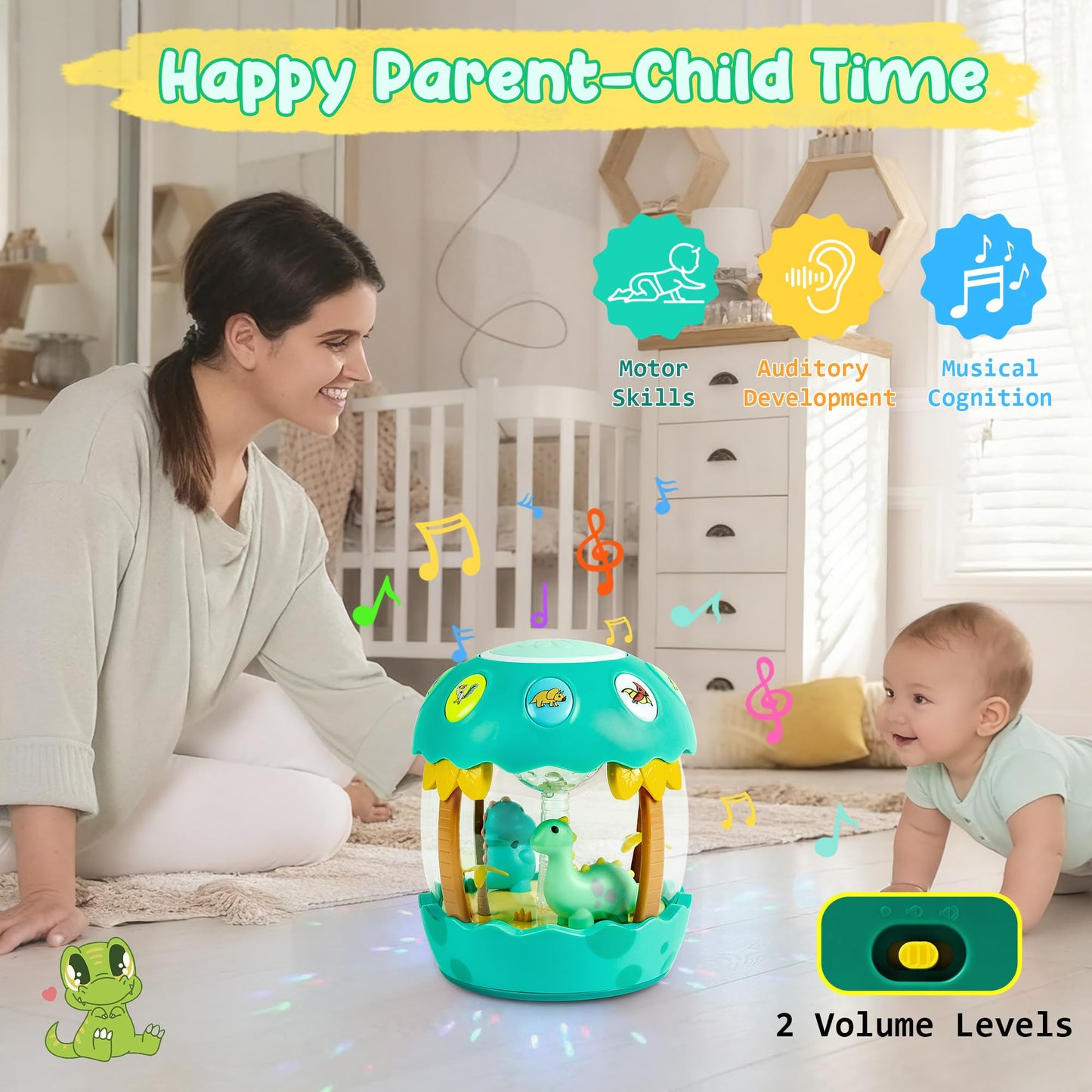 M SANMERSEN Baby Boy Toys 6-12 Months, Dinosaur Rotating Light Up Musical Baby Toys for 0-6 12-18 Months Newborn Infant Crawling Tummy Time Toys, Birthday Easter Gifts for Baby Boys- Green