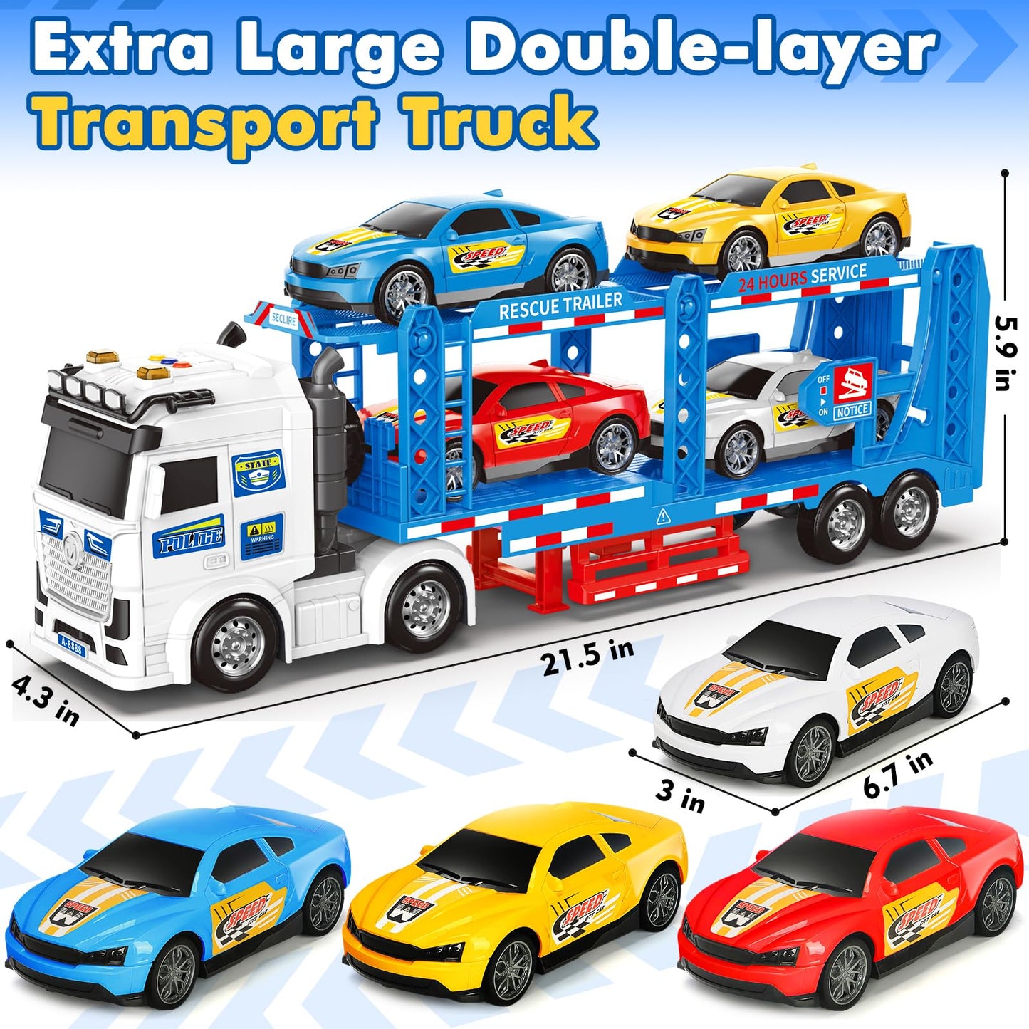 BainGesk Semi Truck Toys Car for 3, 4, 5, 6, 8 Years Old Boys Girls, Adjustable Double Decker Carrier Truck with Light & Sound, Car Hauler with Trailer Toy, Large Transport Toy Gifts for Toddler