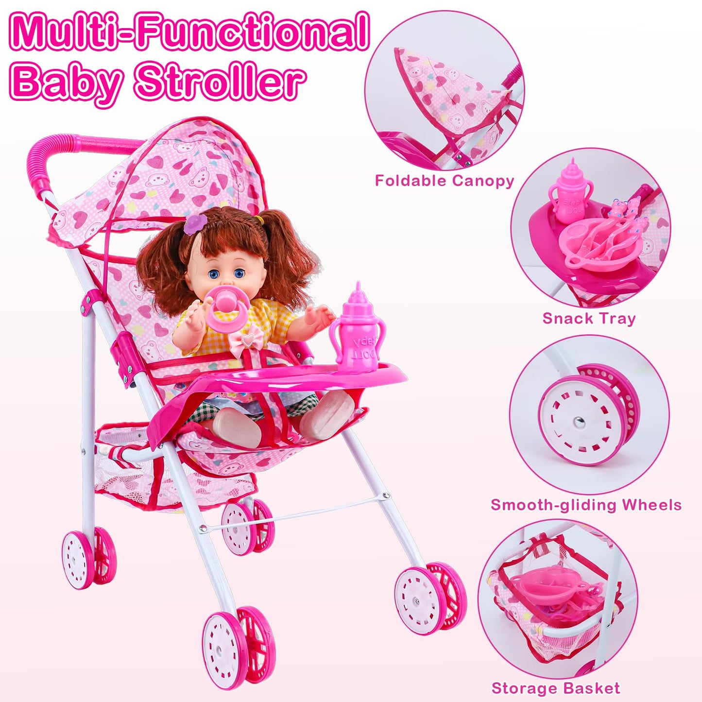 Learn2M Baby Doll Stroller Toy Set with Open & Close Eyes Interactive Doll (4 Sounds), Foldable Doll Stroller with Feeding Tray & Diaper Bag, 21 Pcs Accessories Pretend Play Toy for Toddlers 3-5
