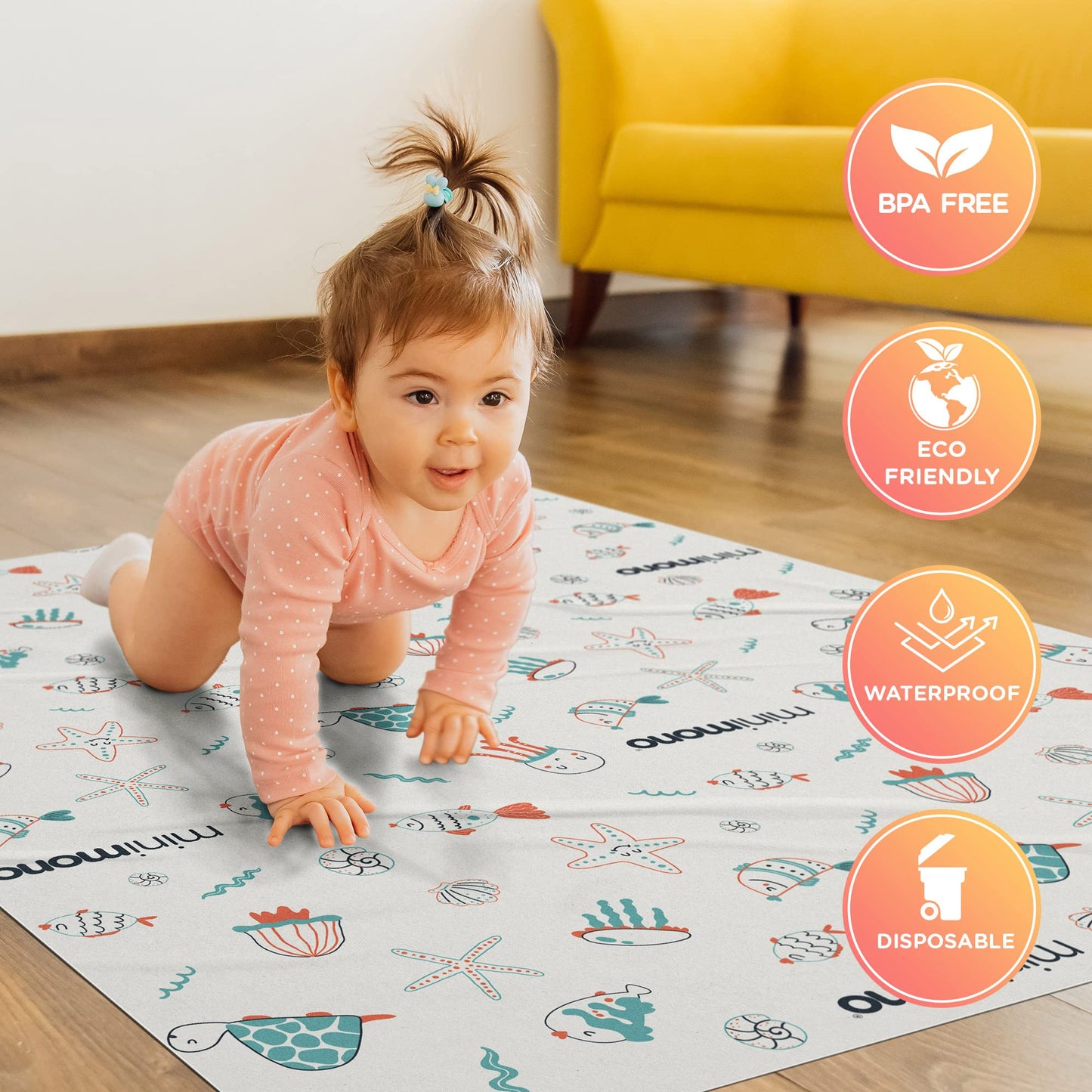 Minimono Baby Splat Mat for Under High Chair - 30 Pcs Disposable and Waterproof Splash Mats - 40"x47" Multipurpose Activity Mat for Picnic, Arts and Crafts - Baby Led Weaning Supplies (Sea Animals)
