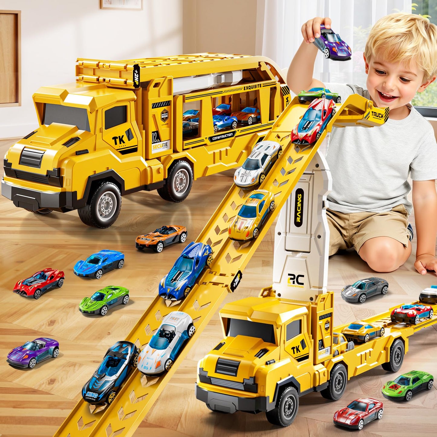 XINNOVEL Toddler Car Truck Toys for 3 4 5 6 7 8 Years Old Boys, Transporter Truck Toy Track Set with 12 Die-Cast Car Toys, Toy Gifts for 3 4 5 6 Year Old Boys Kids