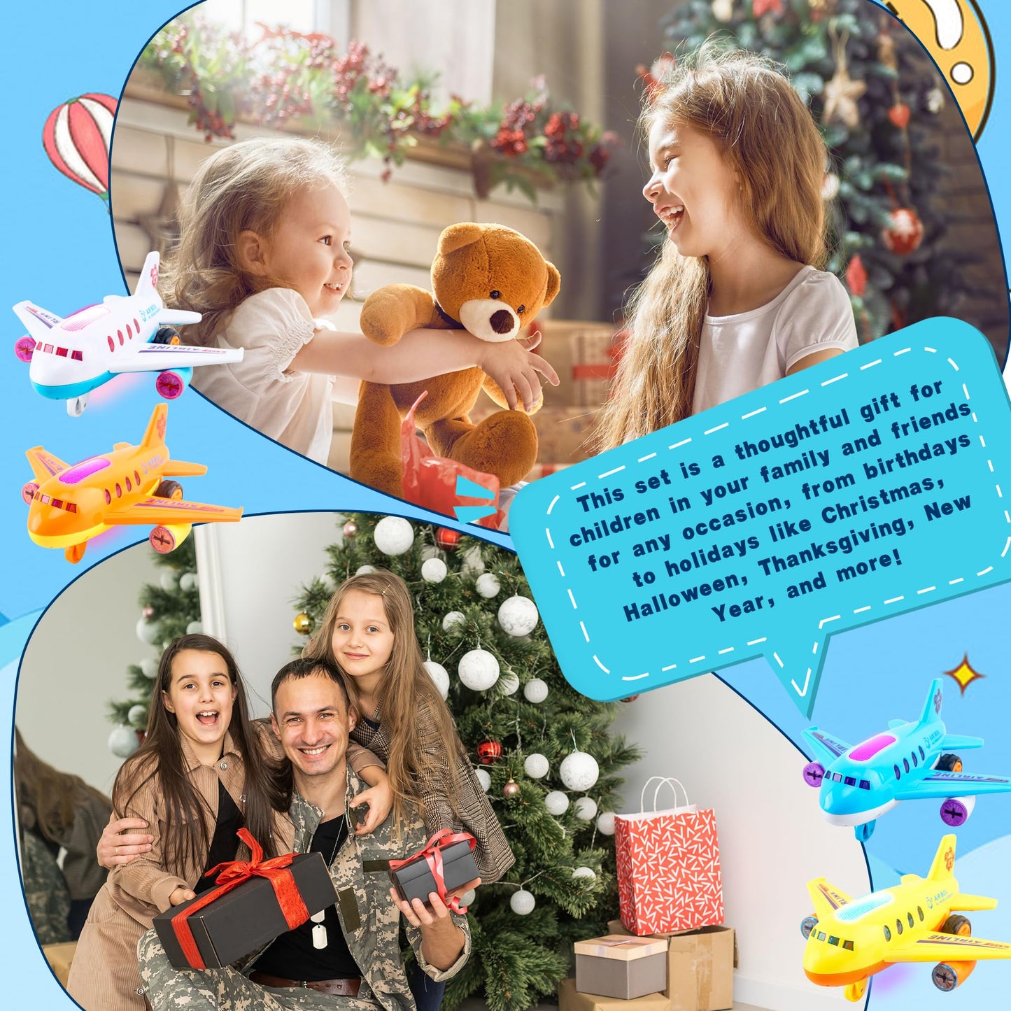 Drayear 4 Pack Light Up Airplane Toys Friction Powered Push Airplane Toy with Lights and Sounds for Kids Birthday Christmas Children's Day Gift Early Educational Toys